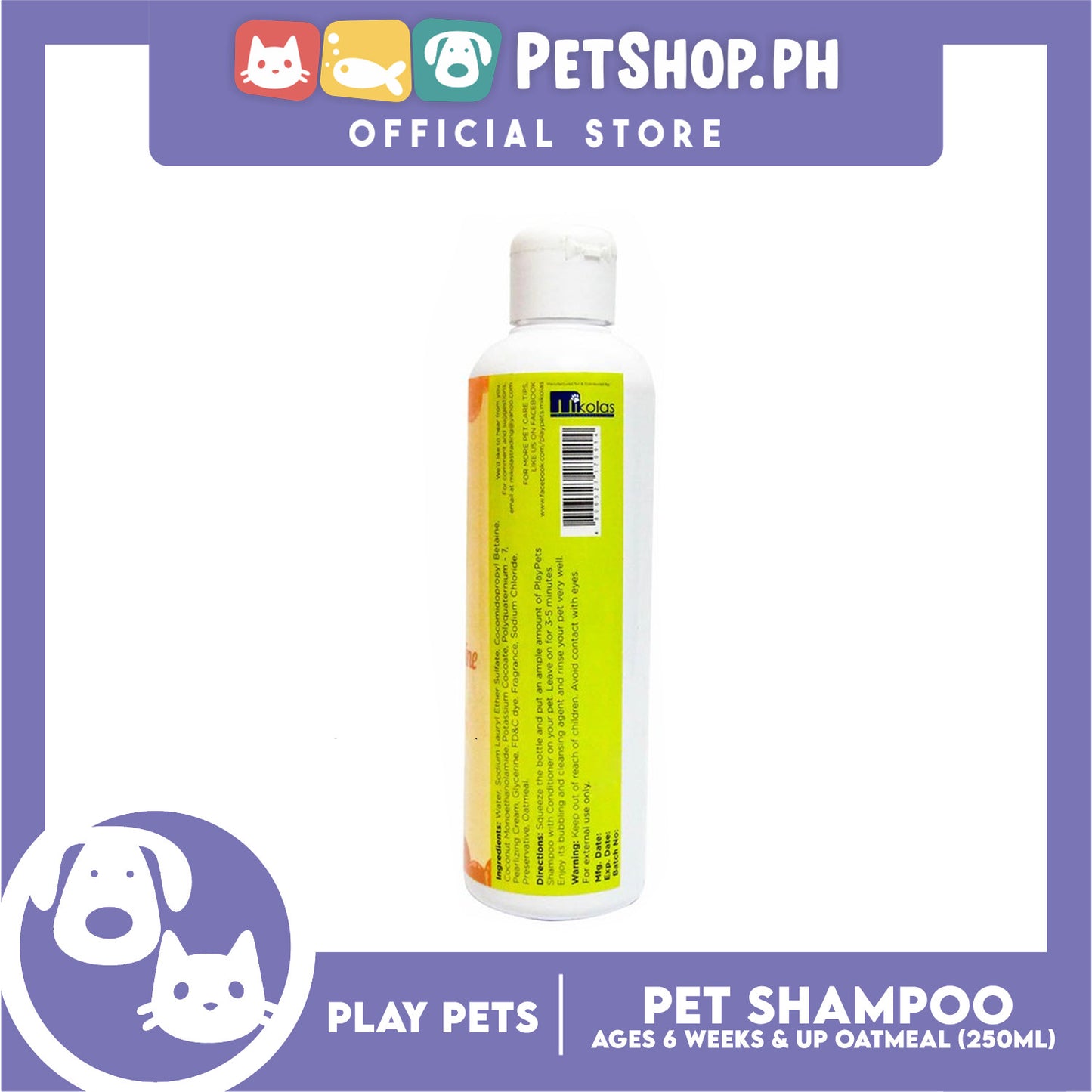 Play Pets Shampoo and Conditioner 250ml For All Types Of Dogs And Cats (Oatmeal)