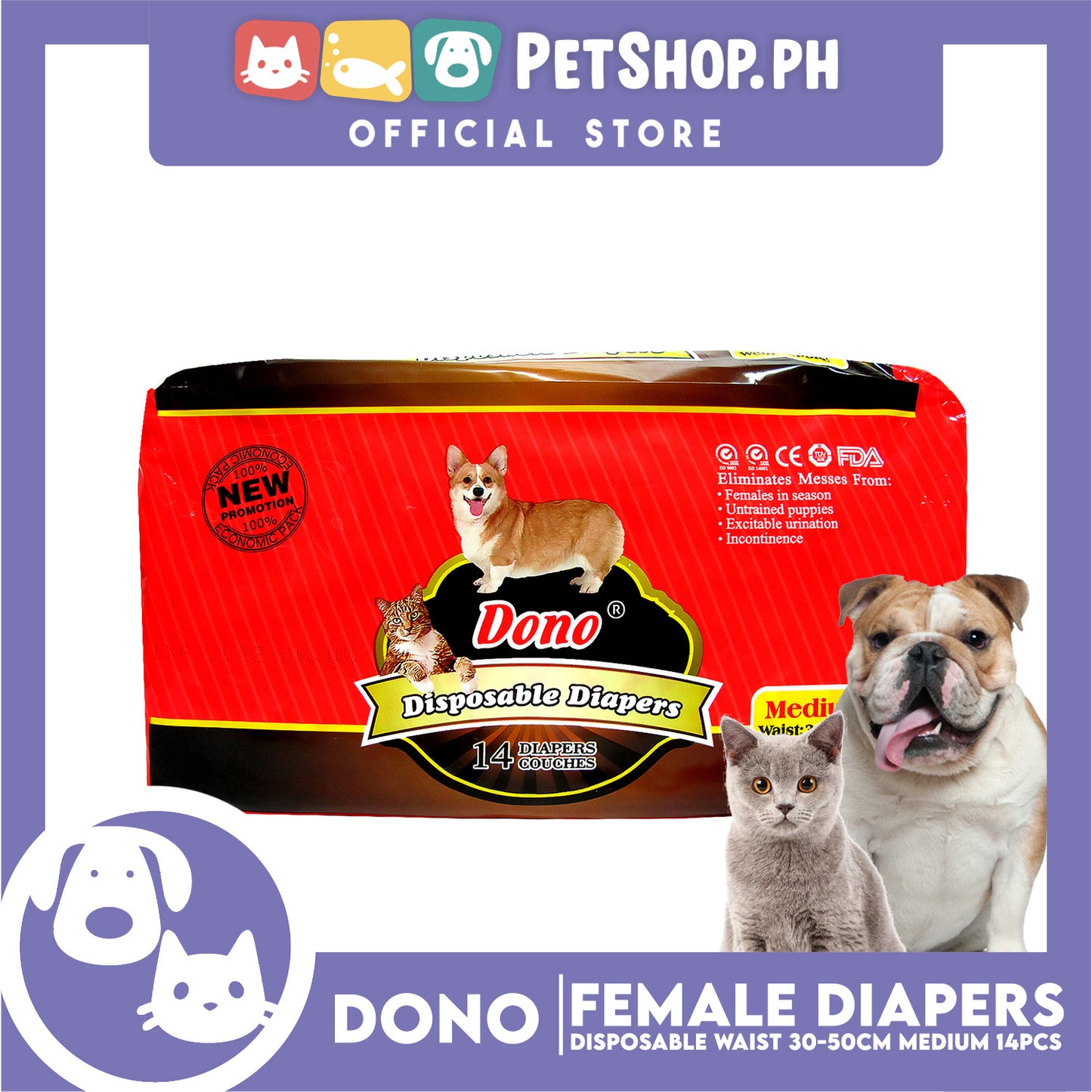 Dono Disposable Diapers Super Absorbent Medium 14 pcs For Female Dogs