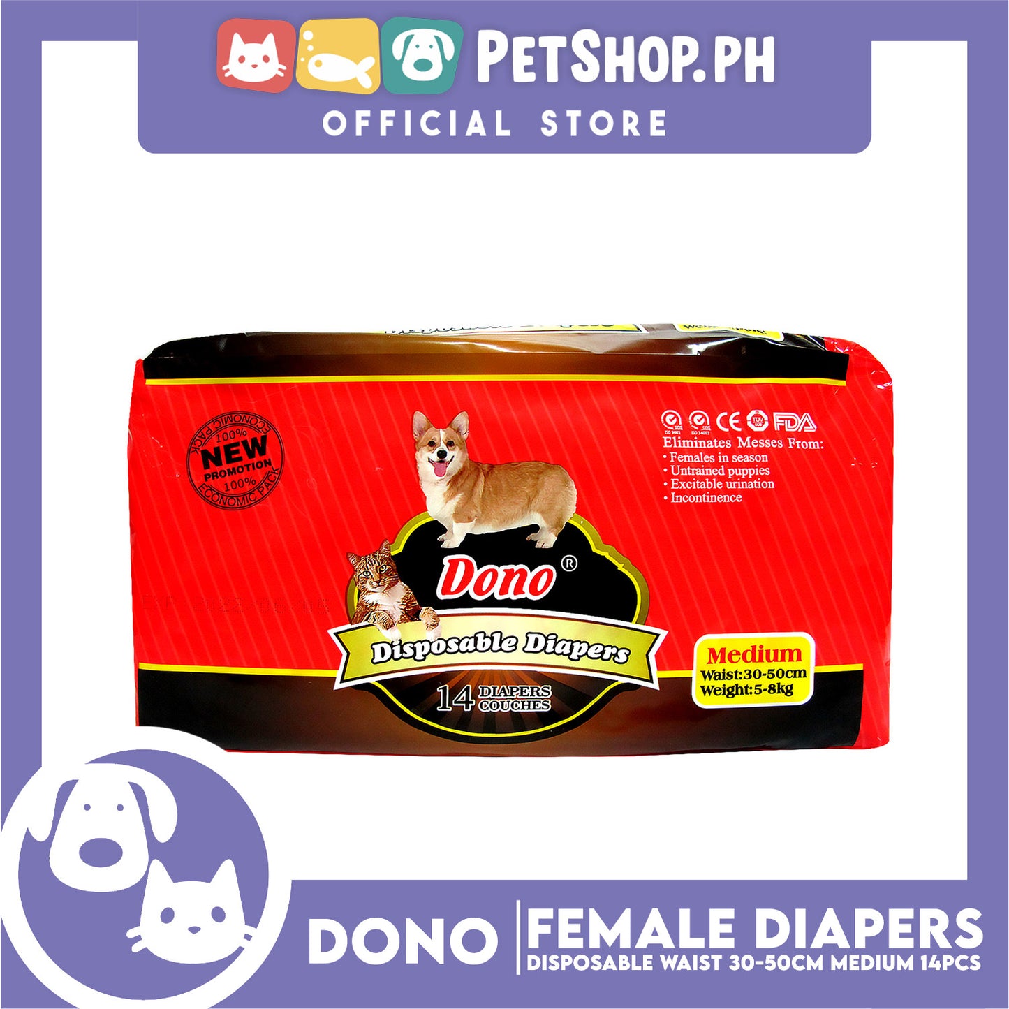 Dono Disposable Diapers Super Absorbent Medium 14 pcs For Female Dogs