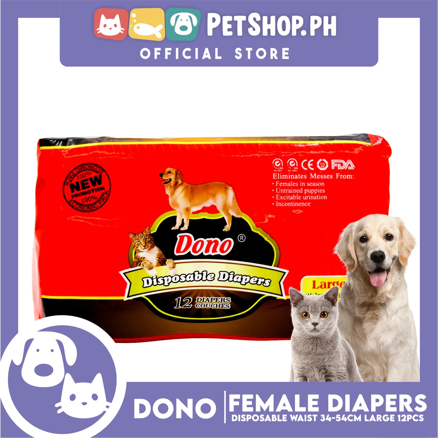 Dono Disposable Diapers Super Absorbent Large 12pcs For Female Dogs