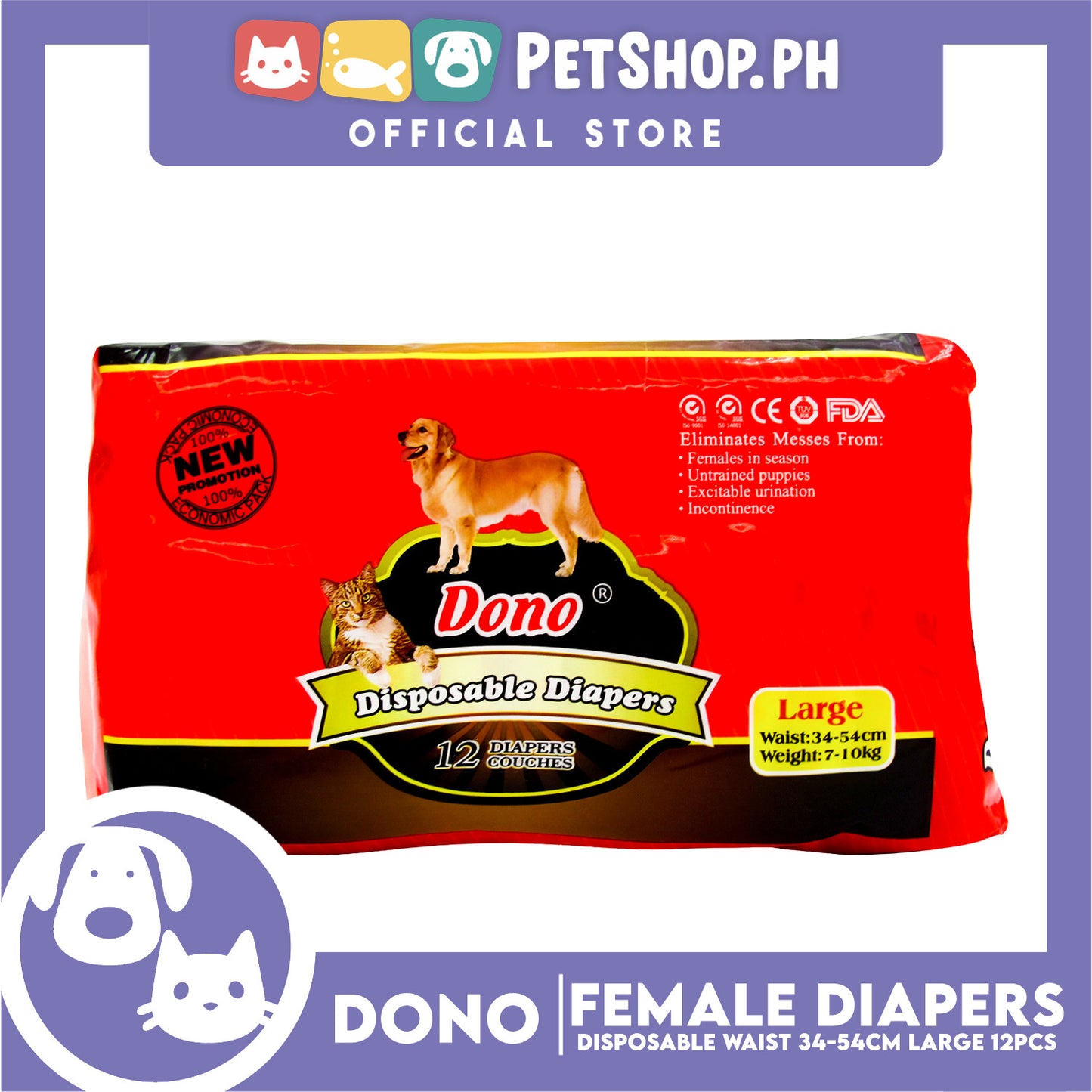 Dono Disposable Diapers Super Absorbent Large 12pcs For Female Dogs