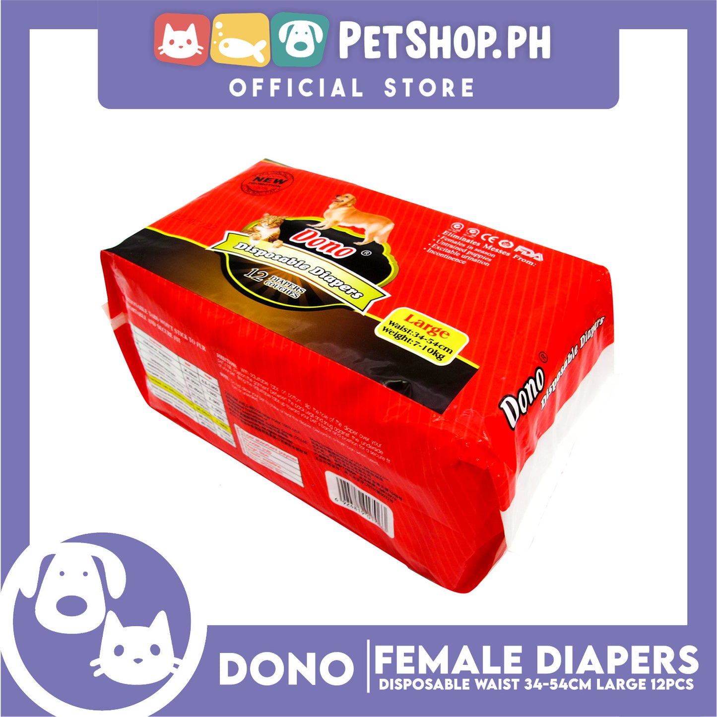 Dono Disposable Diapers Super Absorbent Large 12pcs For Female Dogs