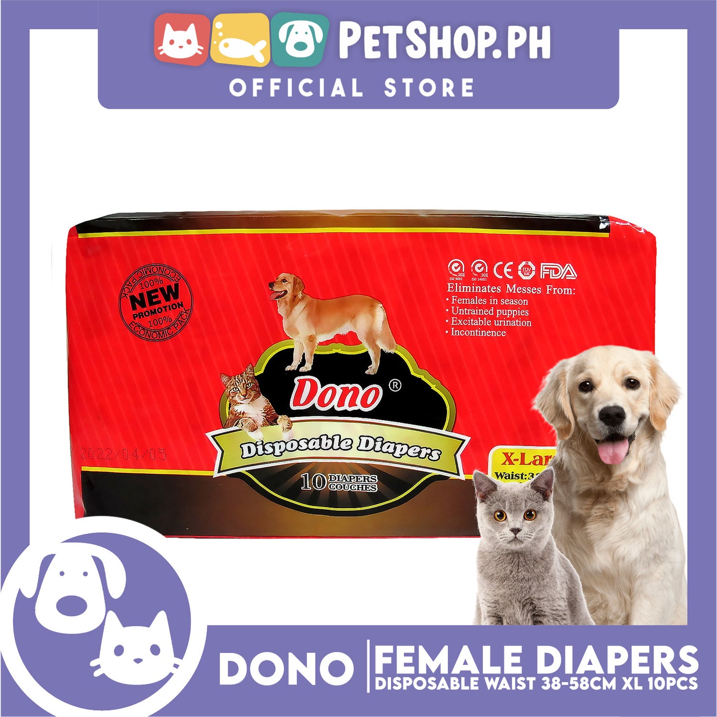 Dono Disposable Diapers Super Absorbent Extra Large 10 pcs For Female Dogs