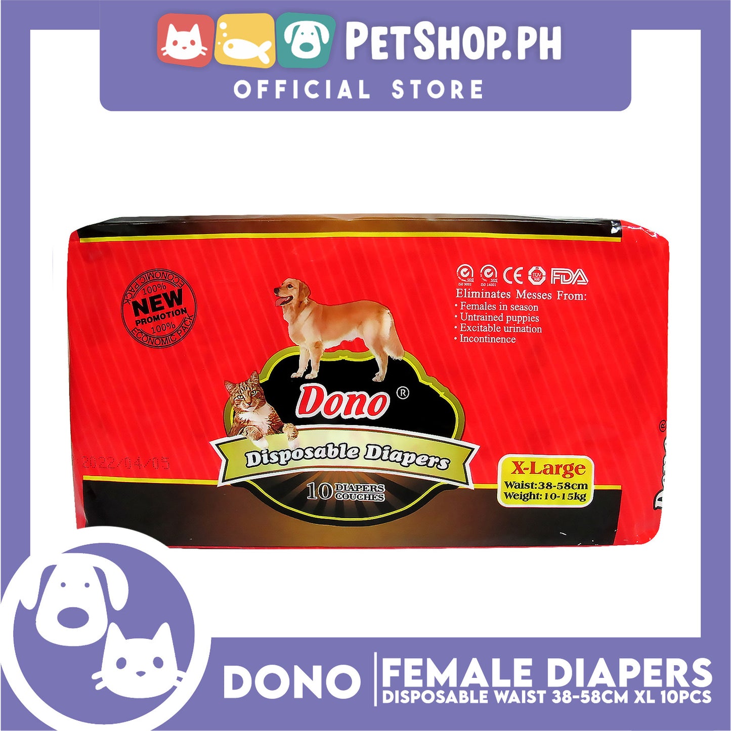 Dono Disposable Diapers Super Absorbent Extra Large 10 pcs For Female Dogs