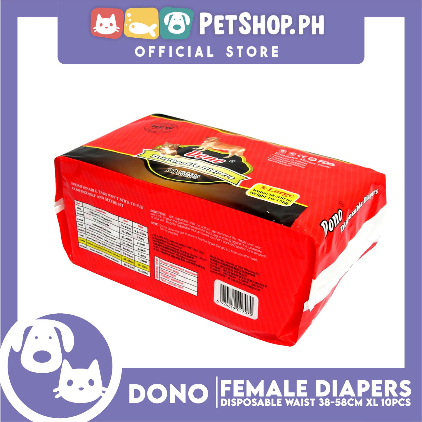 Dono Disposable Diapers Super Absorbent Extra Large 10 pcs For Female Dogs