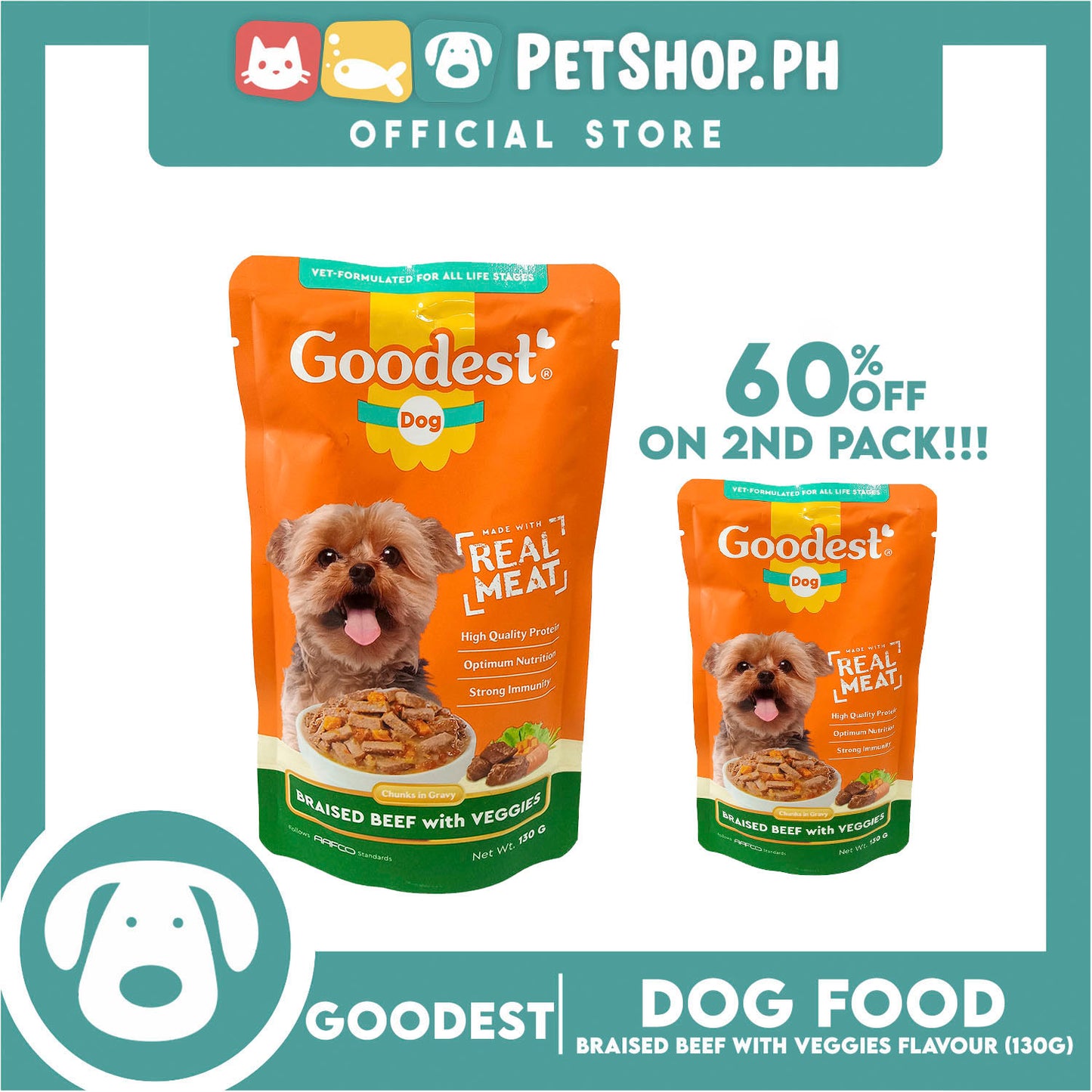 2pcs Goodest Dog Chunks in Gravy Braised Beef with Veggies 130g Wet Dog Food Pouch
