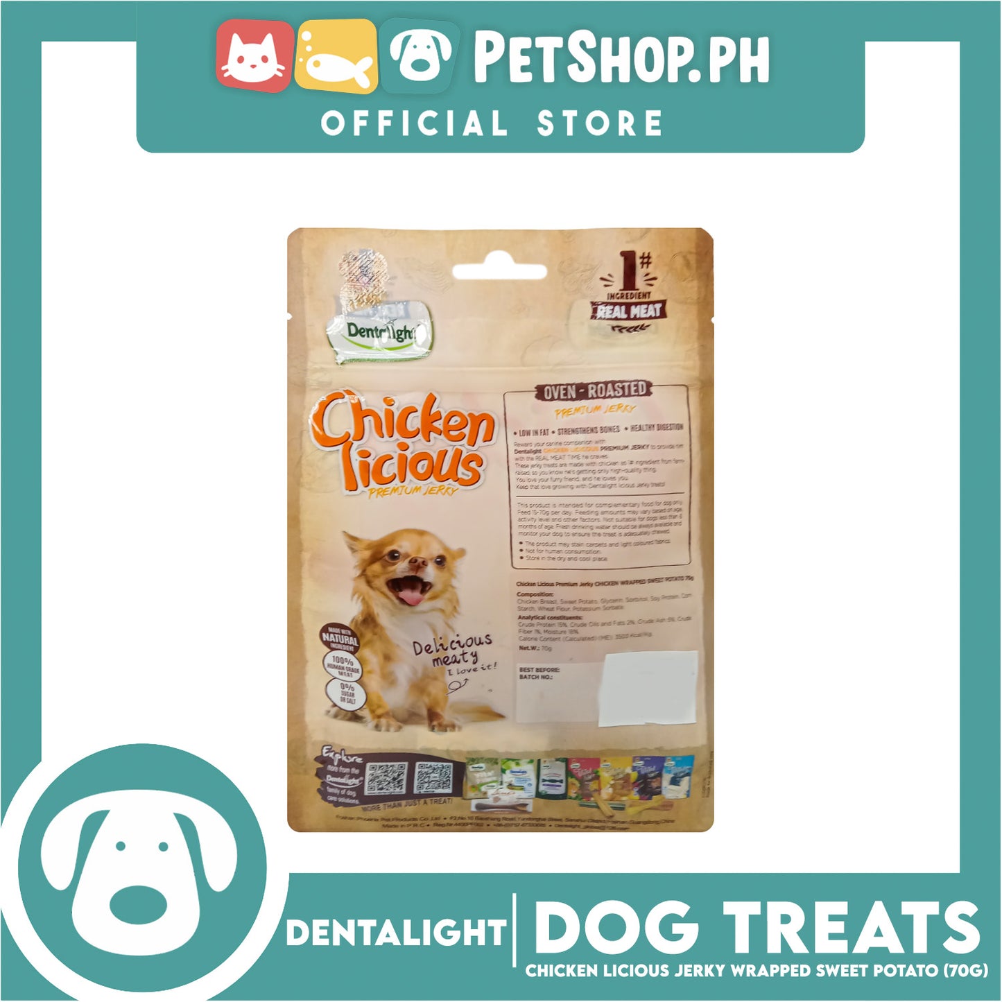 Dentalight Chicken Licious Premium Jerky (Chicken Wrapped Sweet Potato) Oven-roasted 70grams