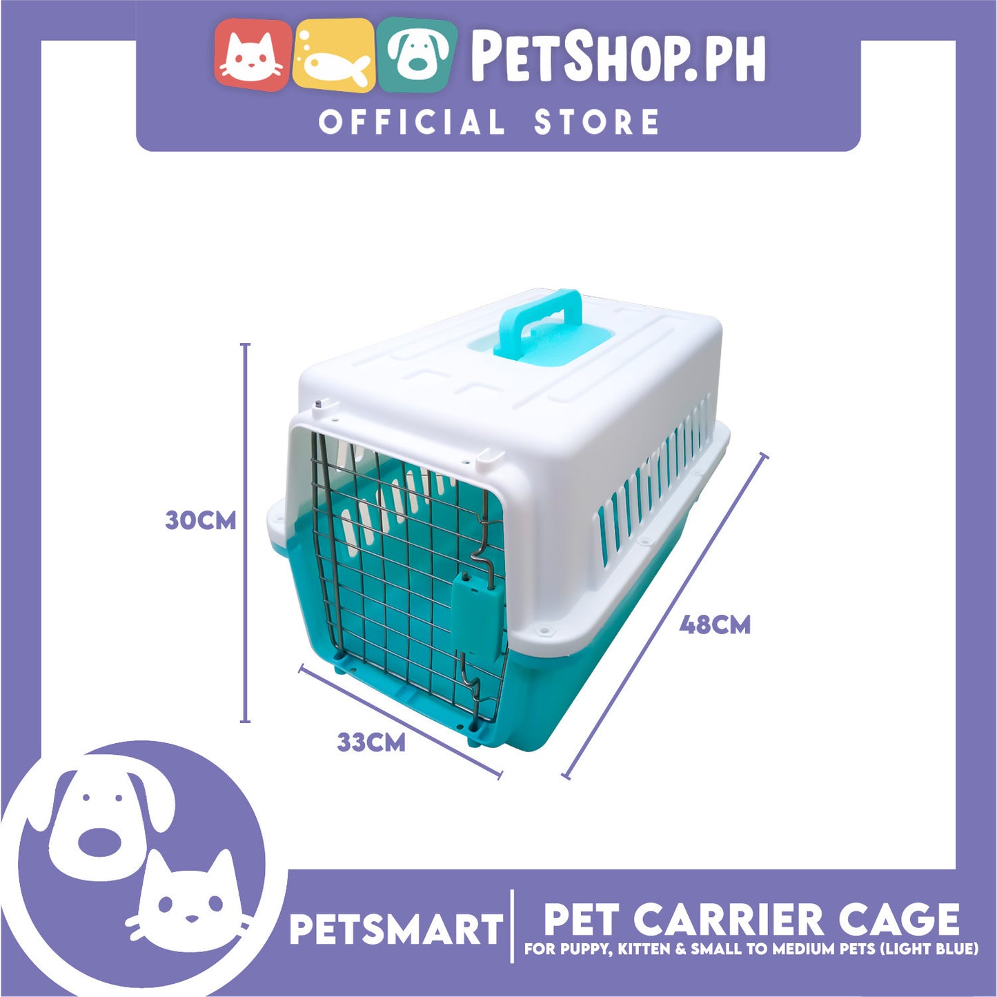 Pet Travel Carrier / Cage (Light Blue) for Small to Medium Pets