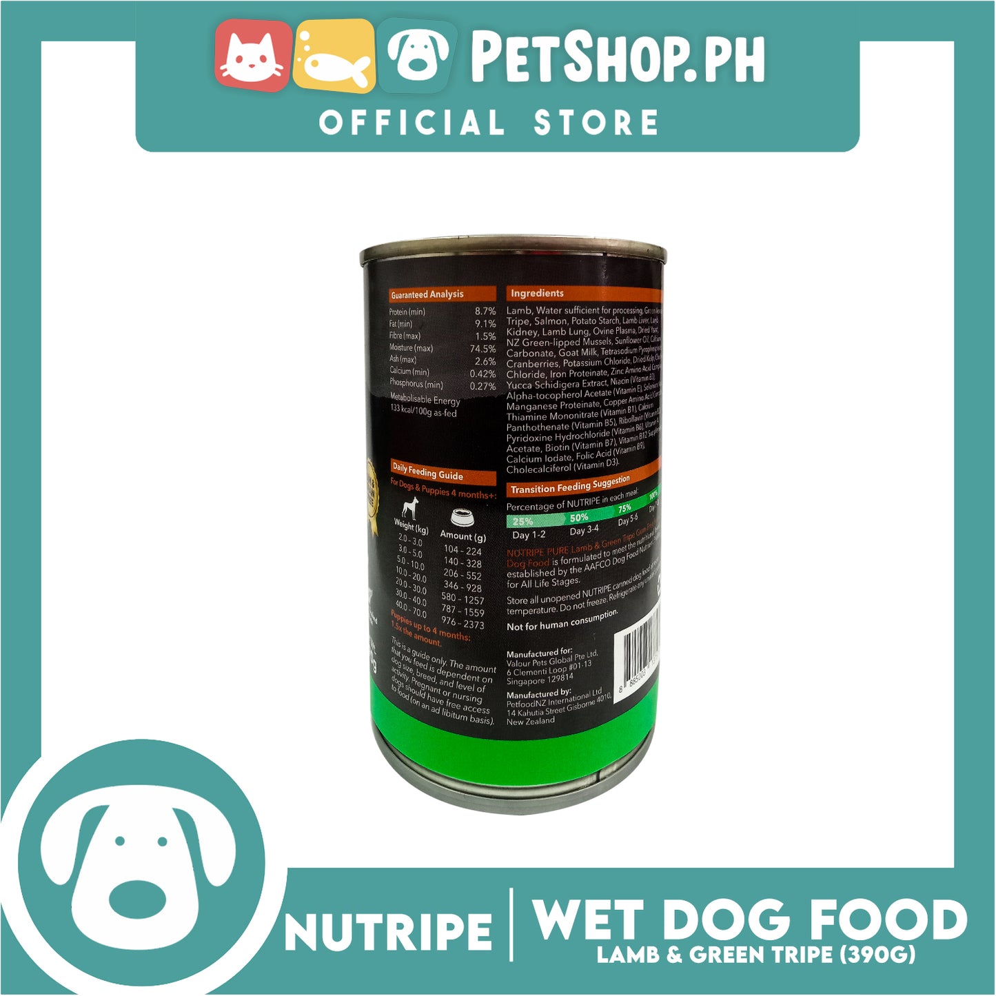 Nutripe Lamb and Green Tripe Pure (Gum-free) 390g Dog Wet Food for All Life Stages