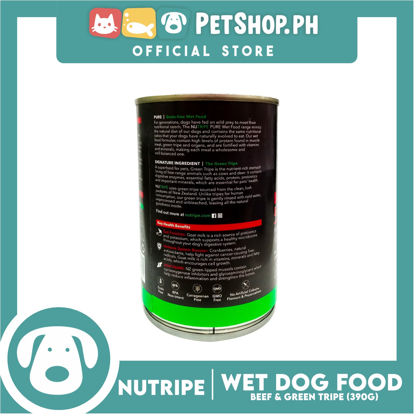 Nutripe Naturally Nourishing Nutrition Pure Beef And Green Tripe Formula Dog Food, Grain Free 390g Canned Food For Dog Adult, Dog Wet Food