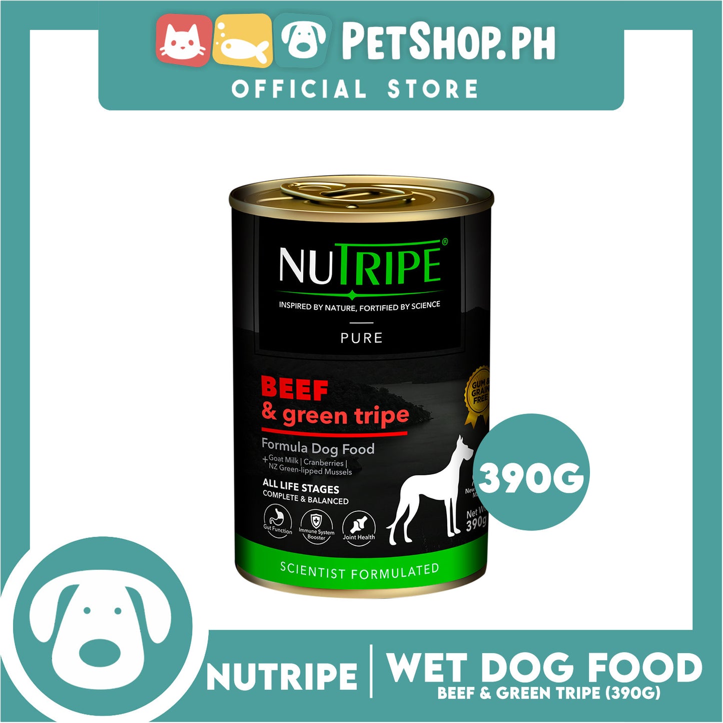 Nutripe Naturally Nourishing Nutrition Pure Beef And Green Tripe Formula Dog Food, Grain Free 390g Canned Food For Dog Adult, Dog Wet Food