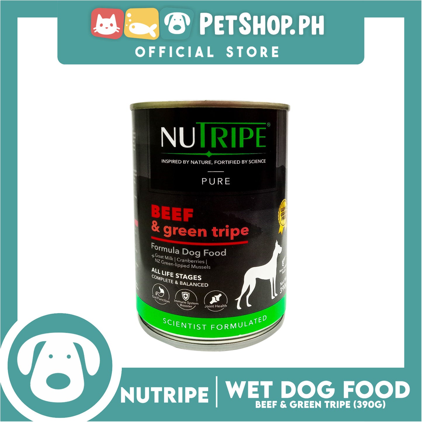 Nutripe Naturally Nourishing Nutrition Pure Beef And Green Tripe Formula Dog Food, Grain Free 390g Canned Food For Dog Adult, Dog Wet Food