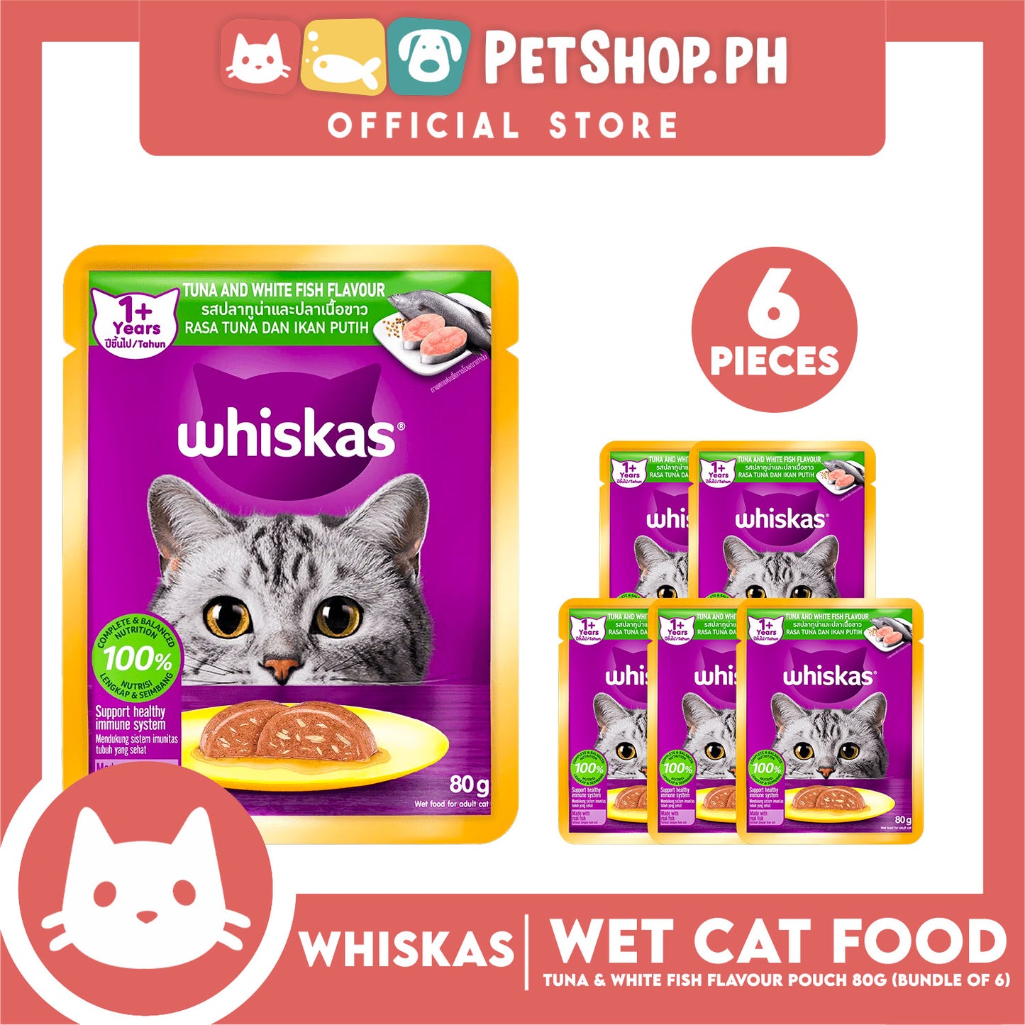6pcs Whiskas Tuna and White Fish Pouch Cat Wet Food 80g