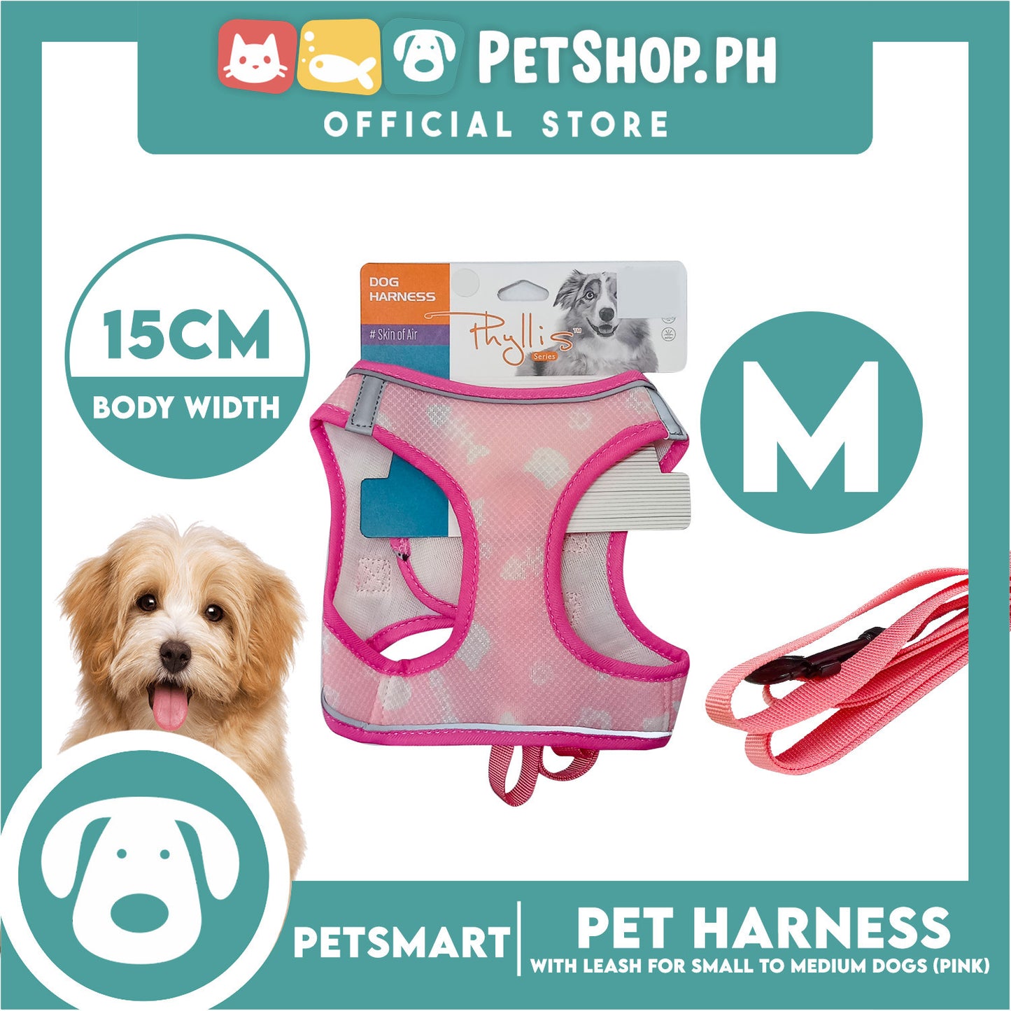 Pet Harness Pattern Design with Leash for Dogs Medium Size (Pink)