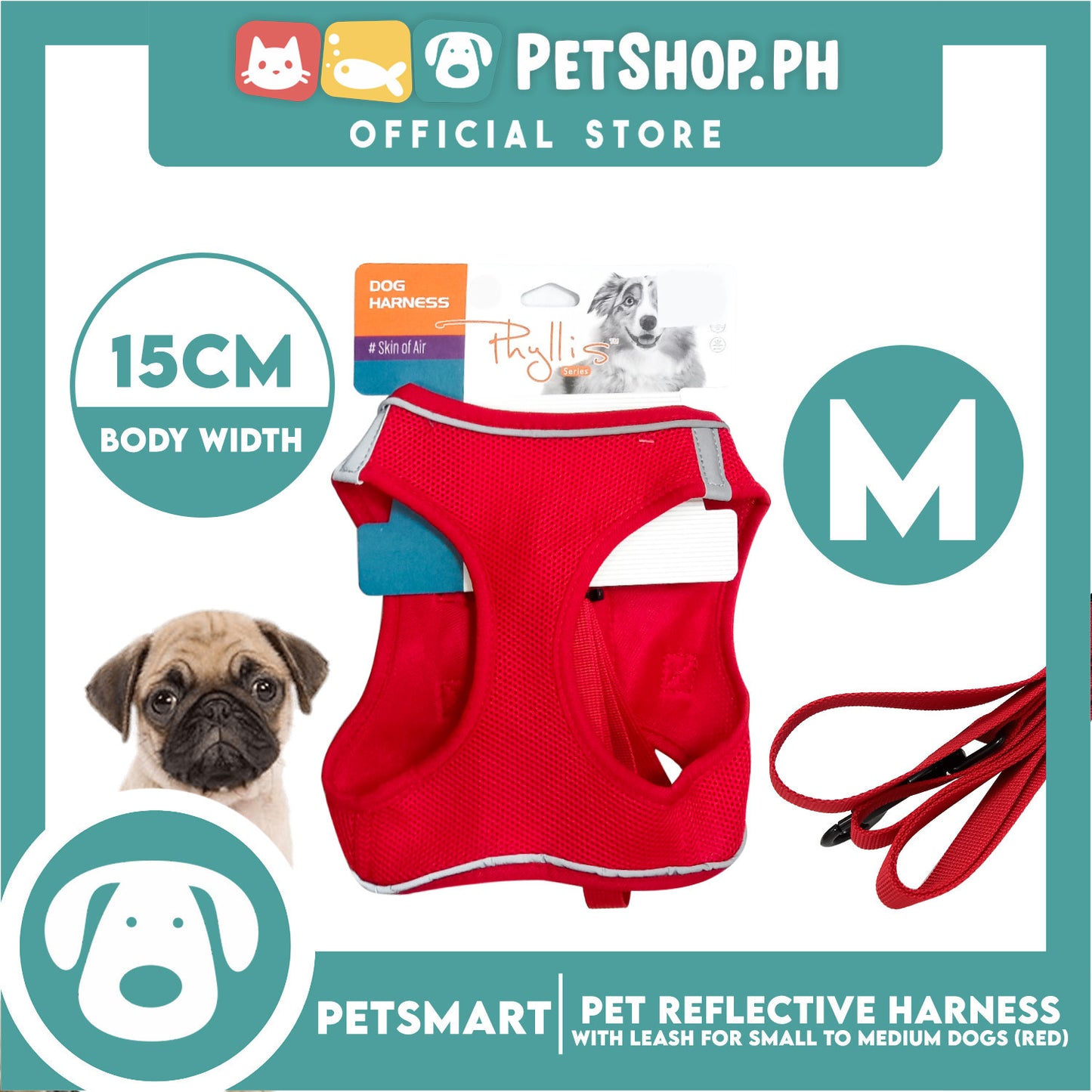 Pet Reflective Harness with Leash for Dogs Medium Size (Red)