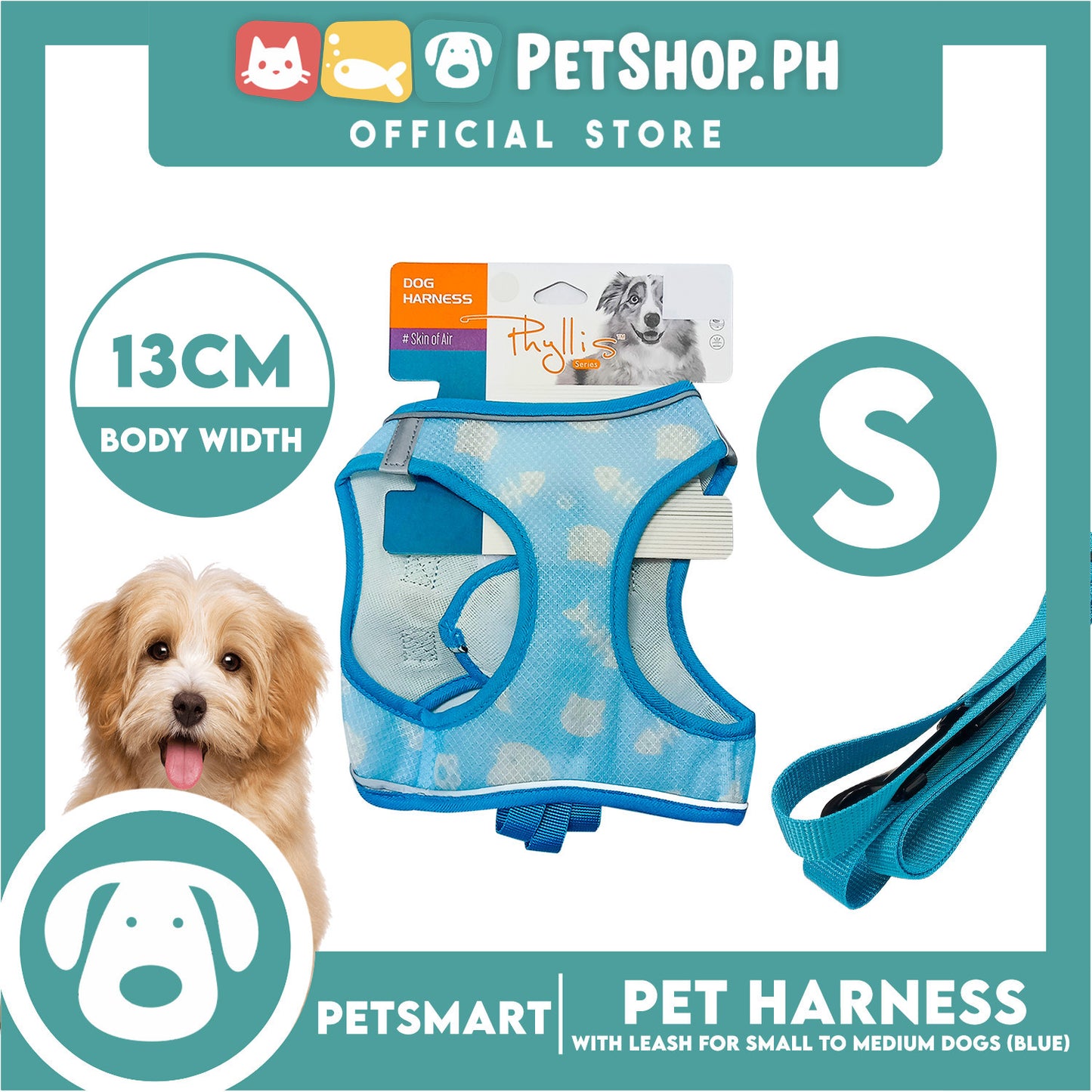 Pet Harness Pattern Design with Leash for Dogs Small Size (Light Blue)