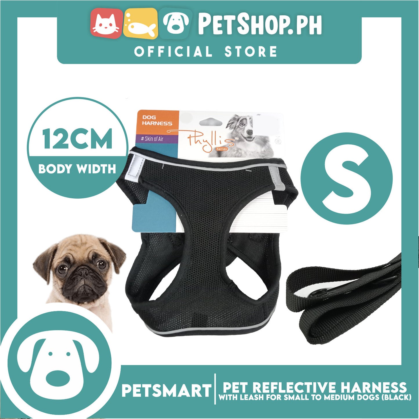 Pet Reflective Harness with Leash for Small Dogs Small Size (Black)