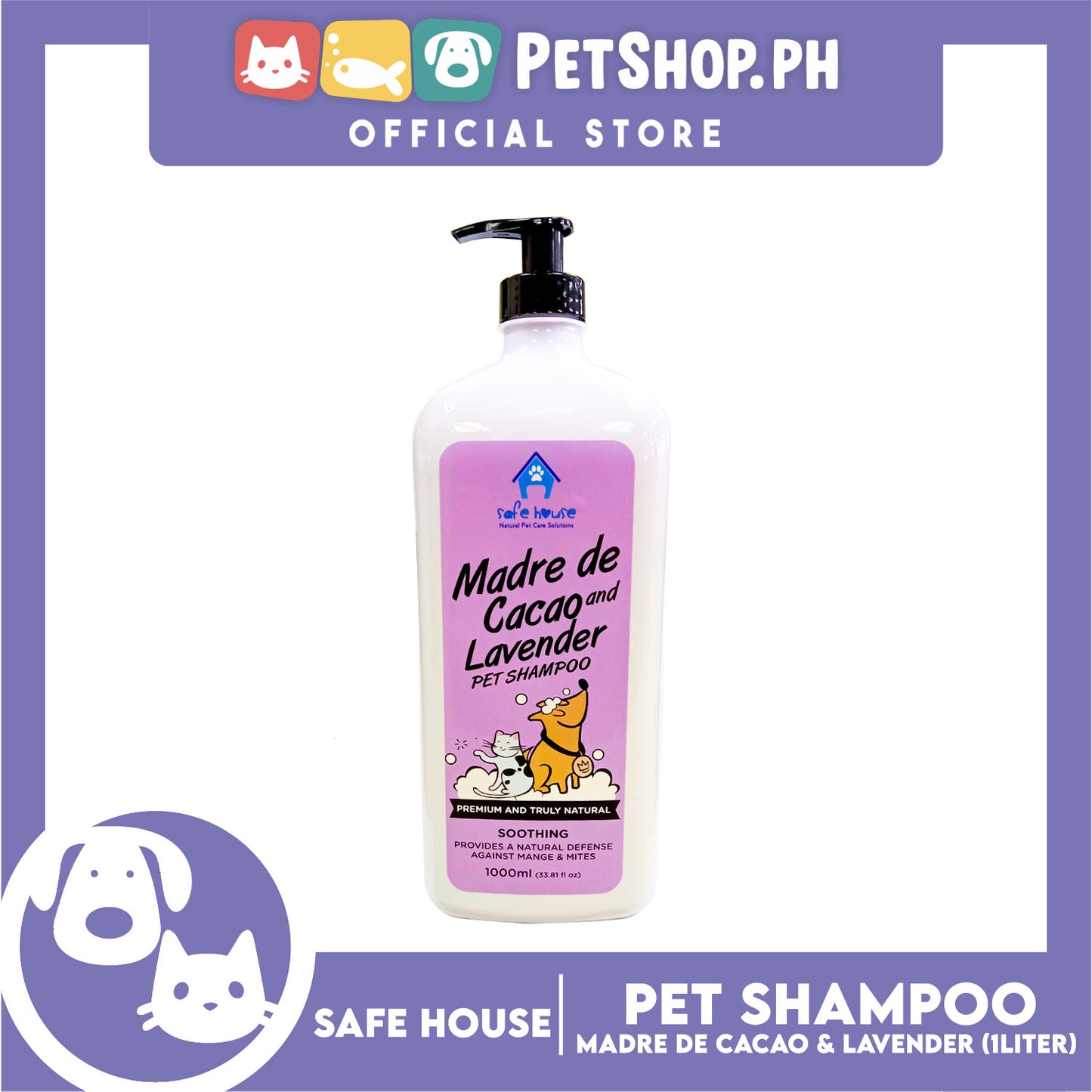 Safe House Natural Pet Care Solutions Pet Shampoo 1000ml (Madre de Cacao and Lavender) Soothing