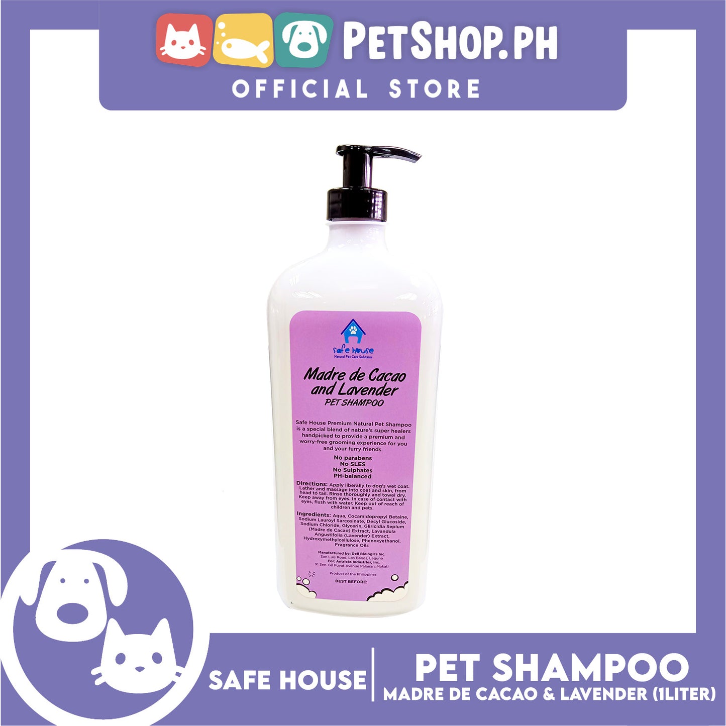 Safe House Natural Pet Care Solutions Pet Shampoo 1000ml (Madre de Cacao and Lavender) Soothing