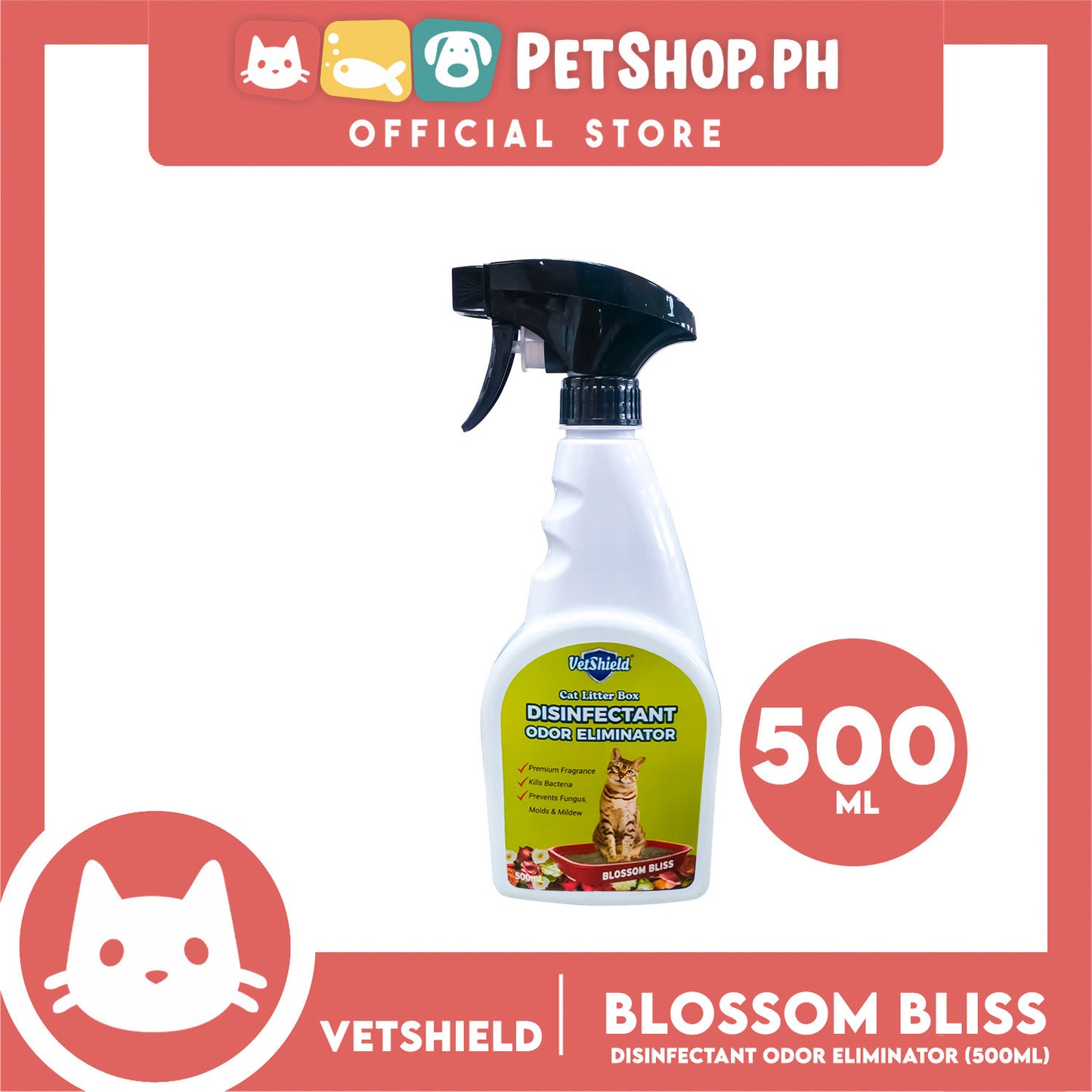 Vetshield Cat Litter Box Disinfectant Odor Eliminator Blossom Bliss 500ml