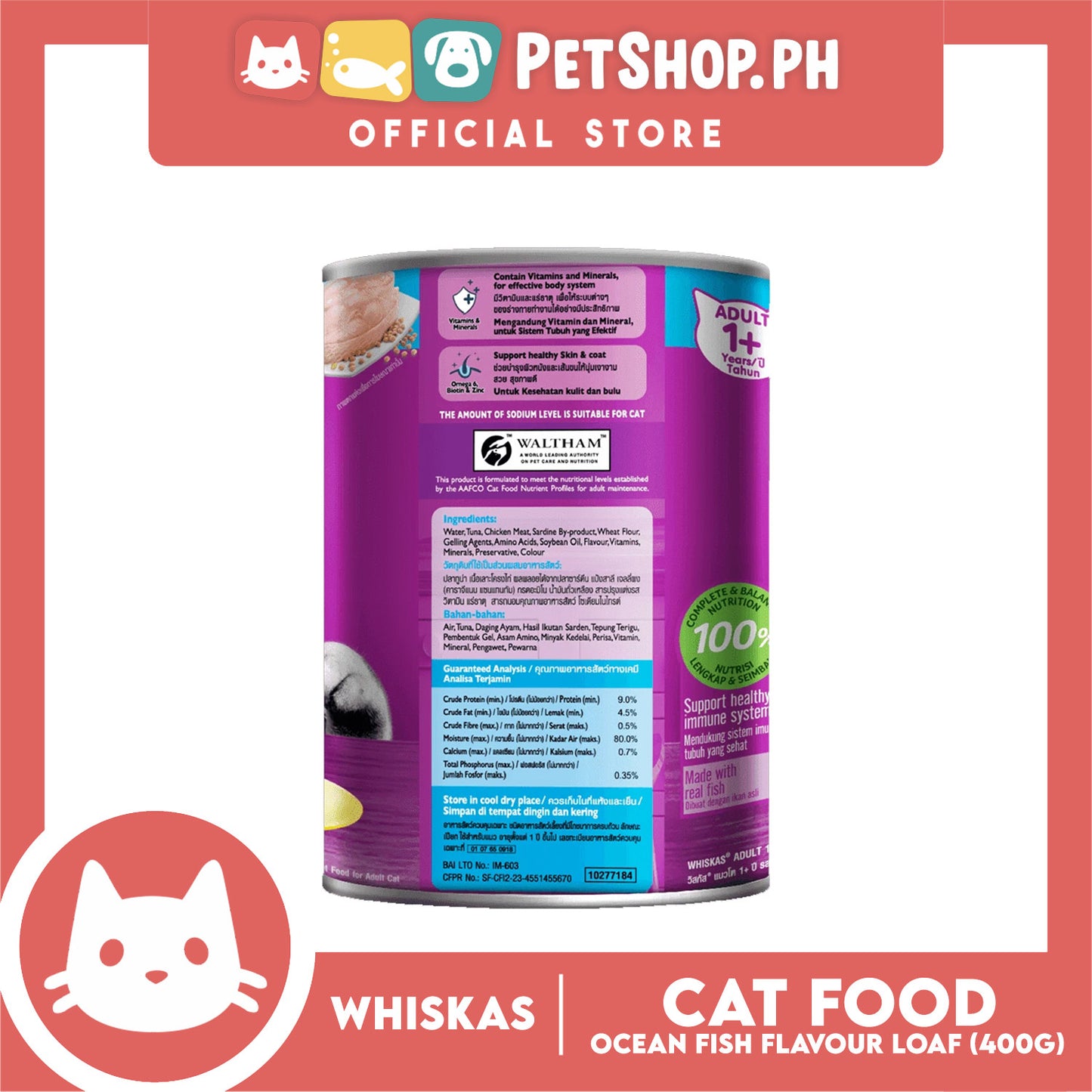 Whiskas Adult Ocean Fish Flavour Loaf 400g Cat Wet Canned Food