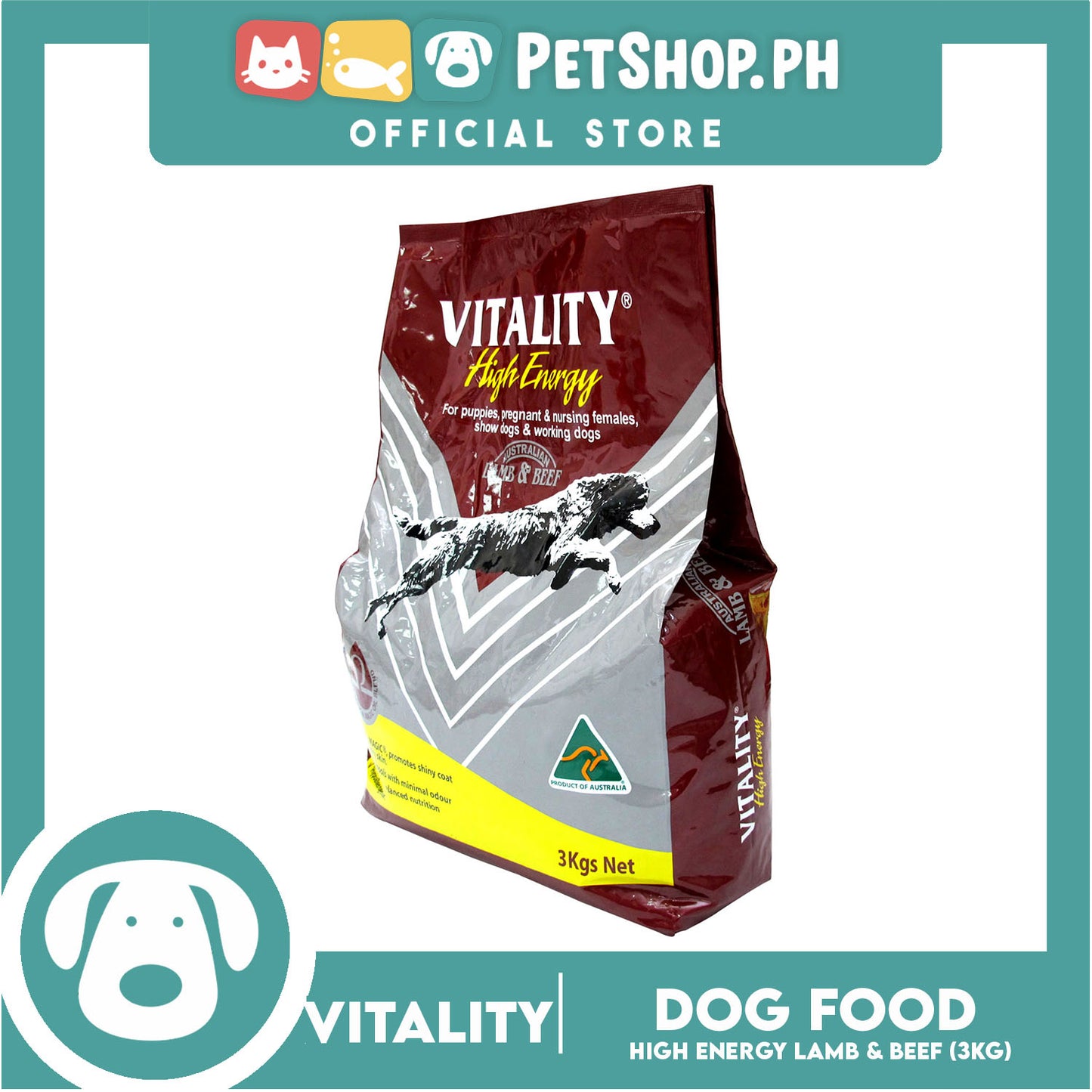 Vitality High Energy Lamb And Beef Dry Dog Food, 3kgs Promotes Shiny Coat And Healthy Skin Dog Food, Dry Dog Food