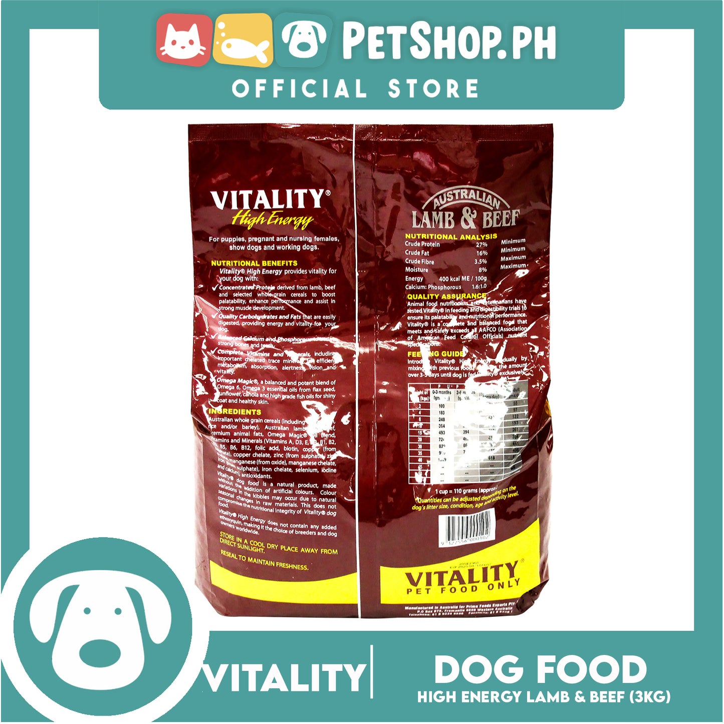 Vitality High Energy Lamb And Beef Dry Dog Food, 3kgs Promotes Shiny Coat And Healthy Skin Dog Food, Dry Dog Food