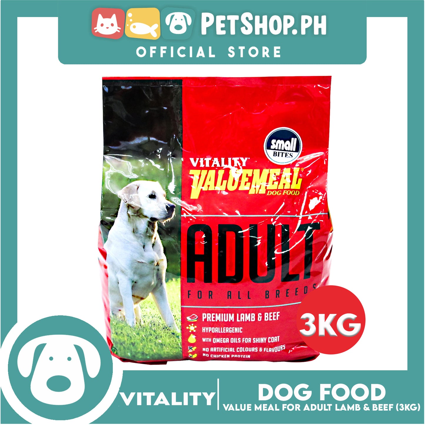 Vitality Valuemeal Adult (Small Bites) for All Breed, Premium Lamb And Beef Flavor Dry Dog Food 3kgs