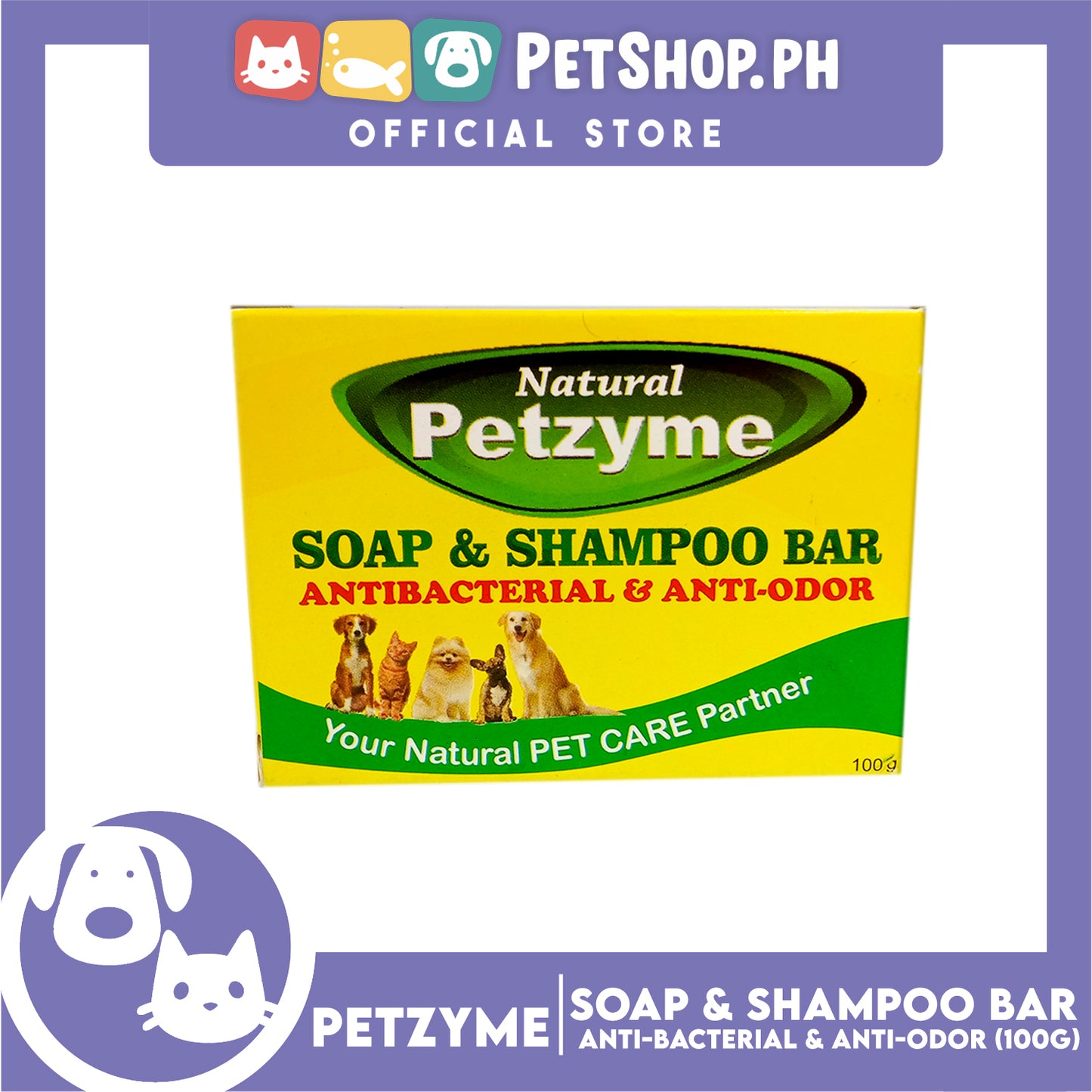 Petzyme Soap And Shampoo Bar 100g Anti-Bacterial And Anti-Odor, Pets Soap