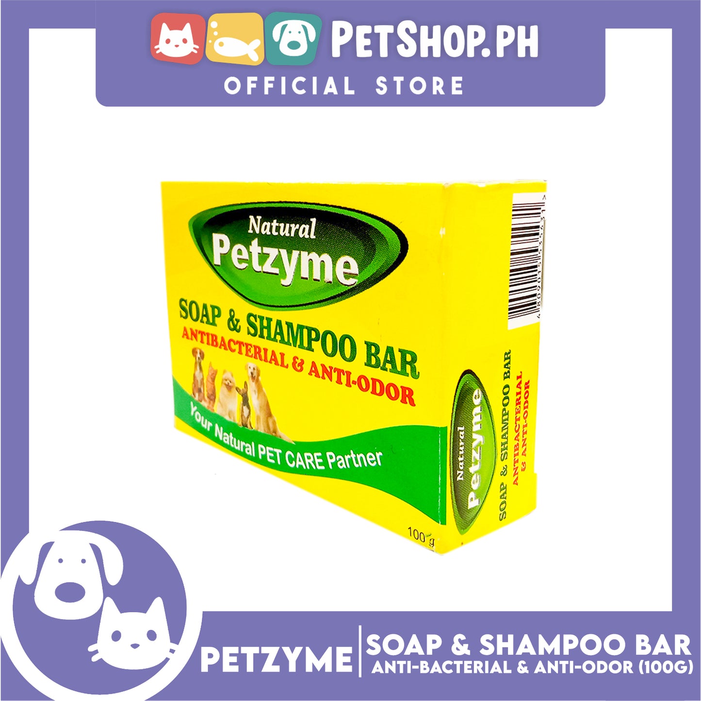 Petzyme Soap And Shampoo Bar 100g Anti-Bacterial And Anti-Odor, Pets Soap