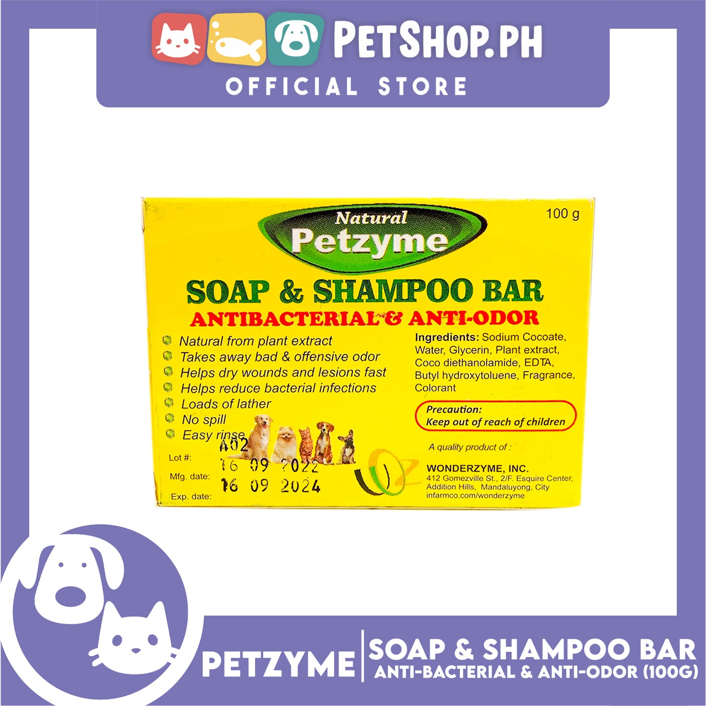 Petzyme Soap And Shampoo Bar 100g Anti-Bacterial And Anti-Odor, Pets Soap