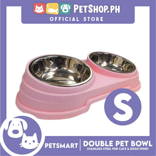Pet Double Bowl Stainless Steel for Cats and Dogs, Pink Color (Small)