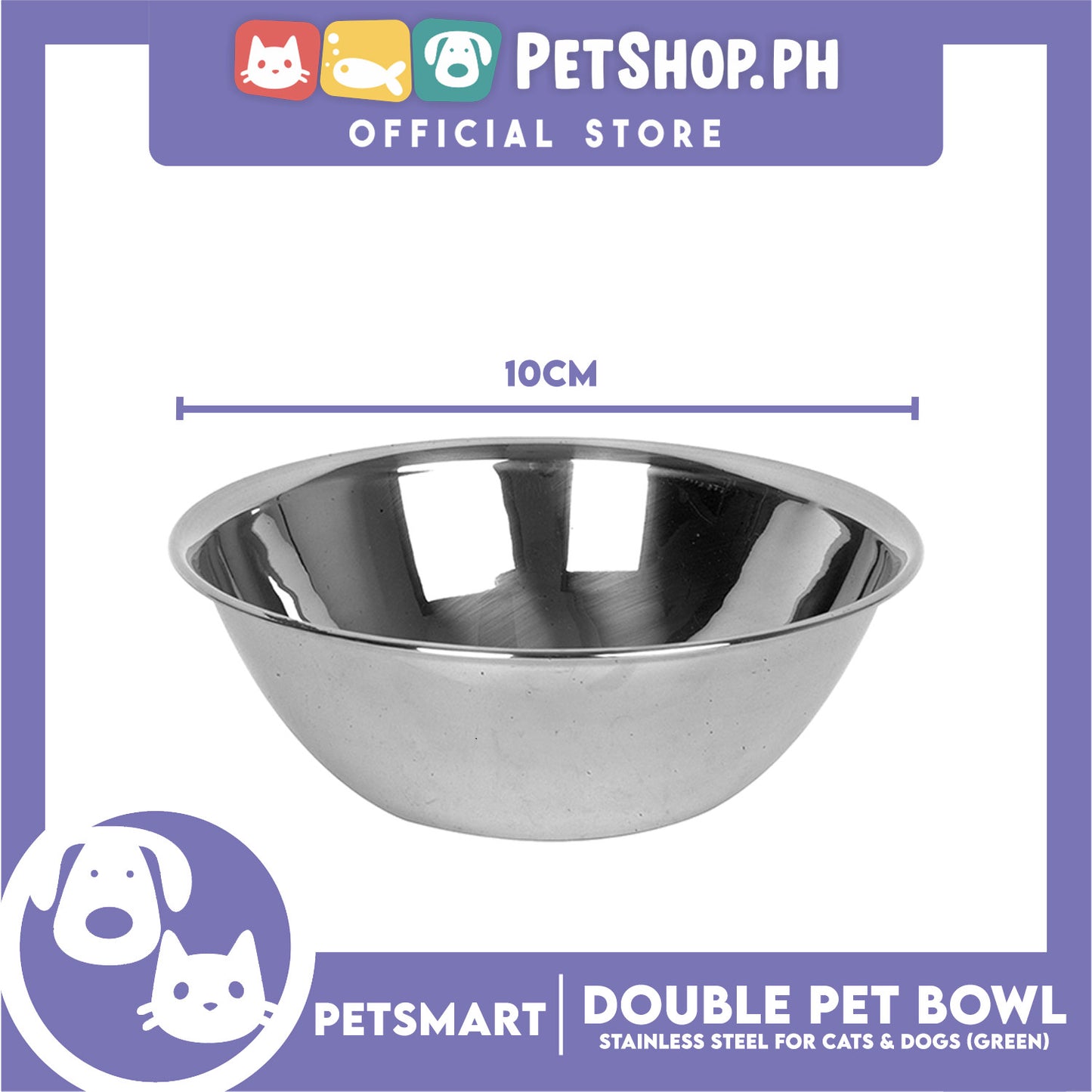 Pet Double Bowl Stainless Steel for Cats and Dogs, Green Color (Small)