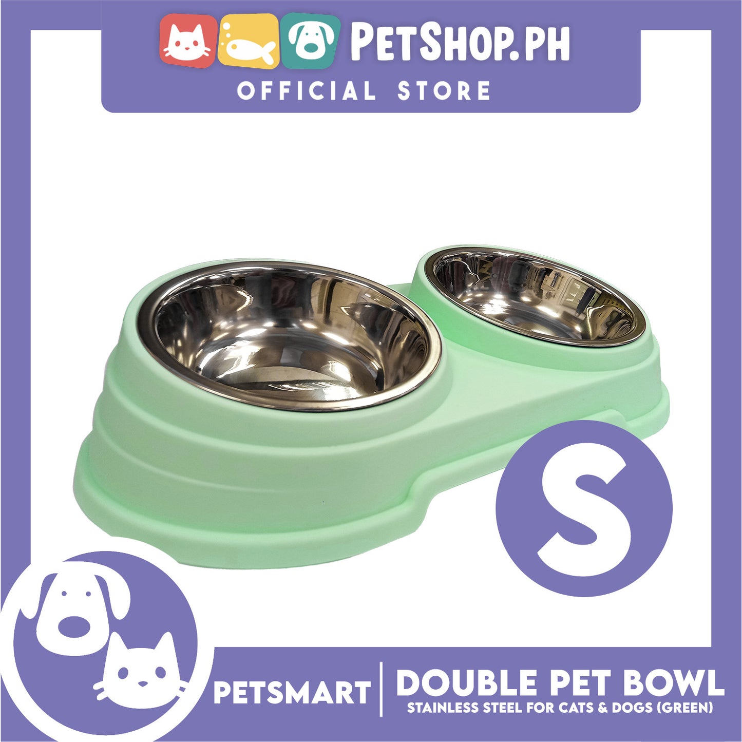 Pet Double Bowl Stainless Steel for Cats and Dogs, Green Color (Small)