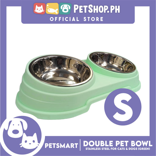 Pet Double Bowl Stainless Steel for Cats and Dogs, Green Color (Small)
