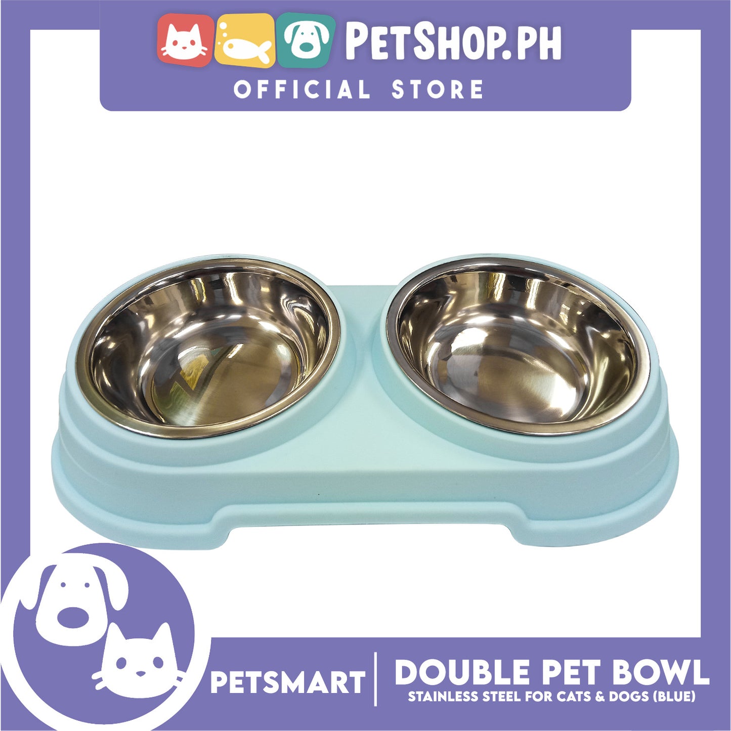 Pet Double Bowl Stainless Steel for Cats and Dogs, Blue Color (Large)