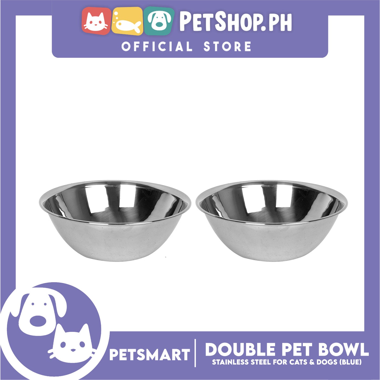 Pet Double Bowl Stainless Steel for Cats and Dogs, Blue Color (Large)