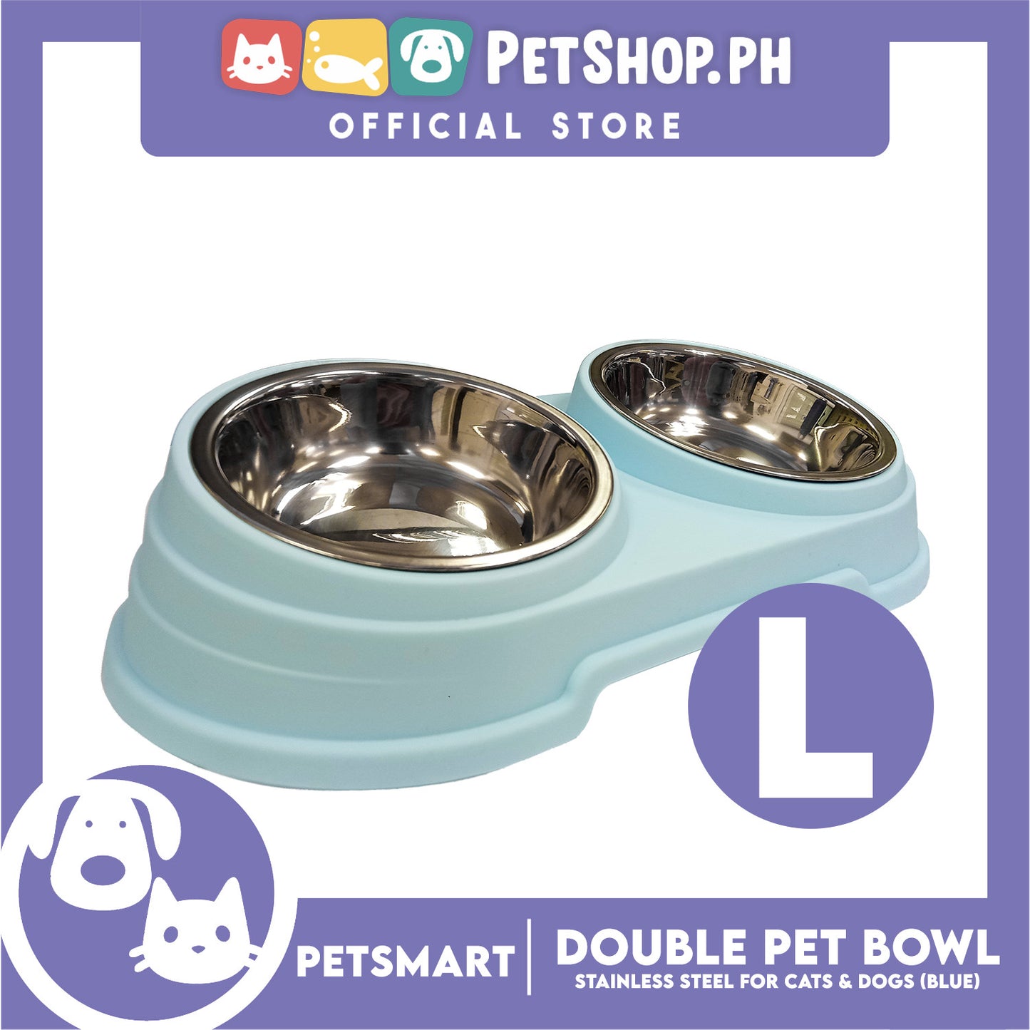 Pet Double Bowl Stainless Steel for Cats and Dogs, Blue Color (Large)