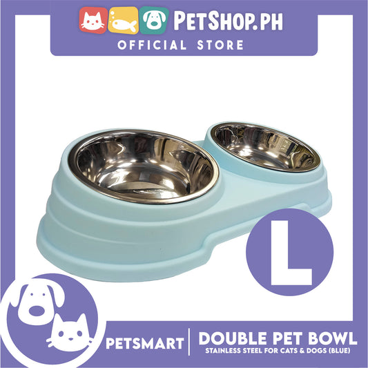 Pet Double Bowl Stainless Steel for Cats and Dogs, Blue Color (Large)