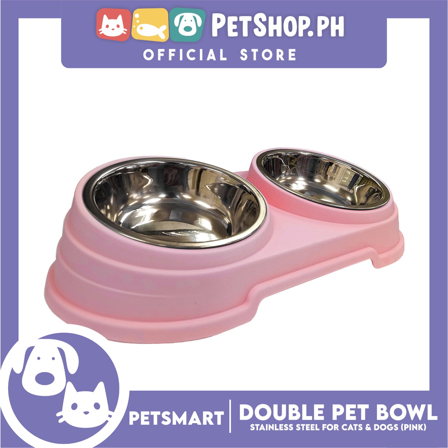Pet Double Bowl Stainless Steel for Cats and Dogs, Pink Color (Large)