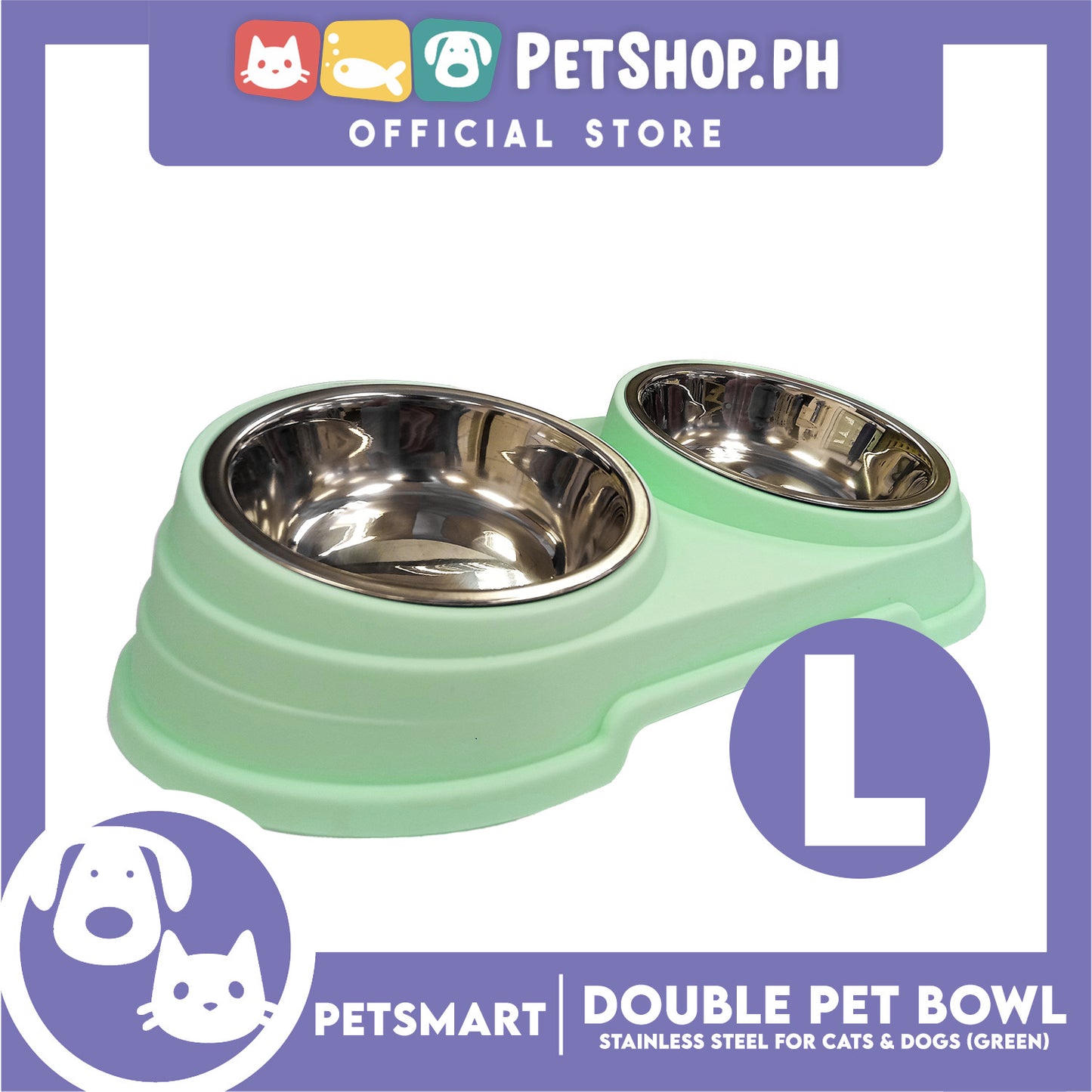 Pet Double Bowl Stainless Steel for Cats and Dogs, Green Color (Large)