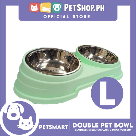 Pet Double Bowl Stainless Steel for Cats and Dogs, Green Color (Large)