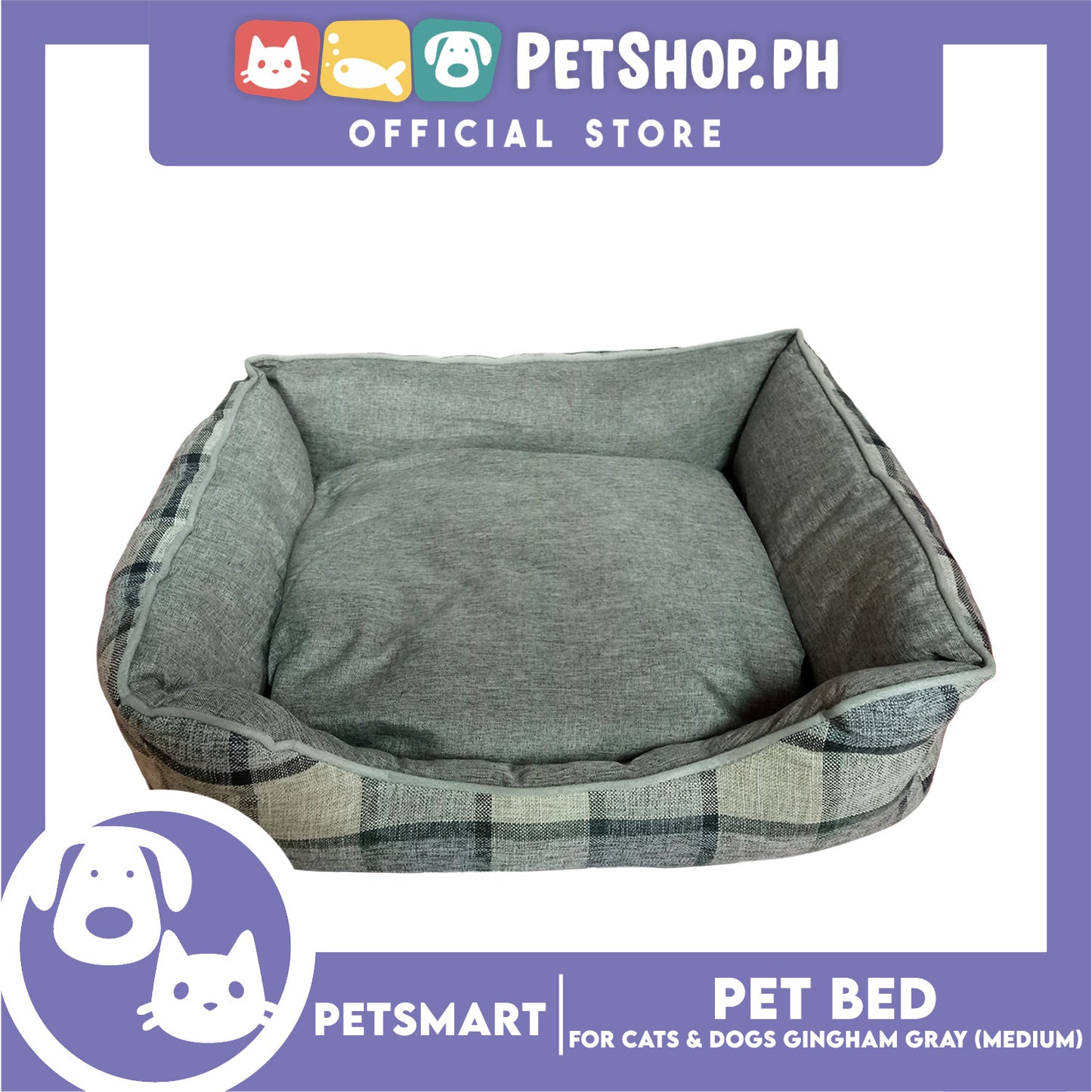 Pet Bed Cat Dog Bed Washable Gingham Gray (Medium) with removable cushion