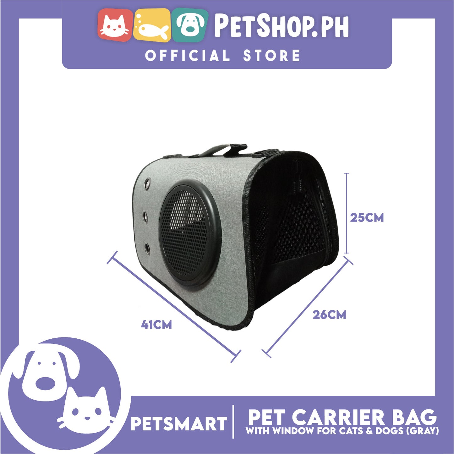 Pet Bag Carrier with Window for Cats and Dogs (Gray) 41cm x 26cm x 25cm