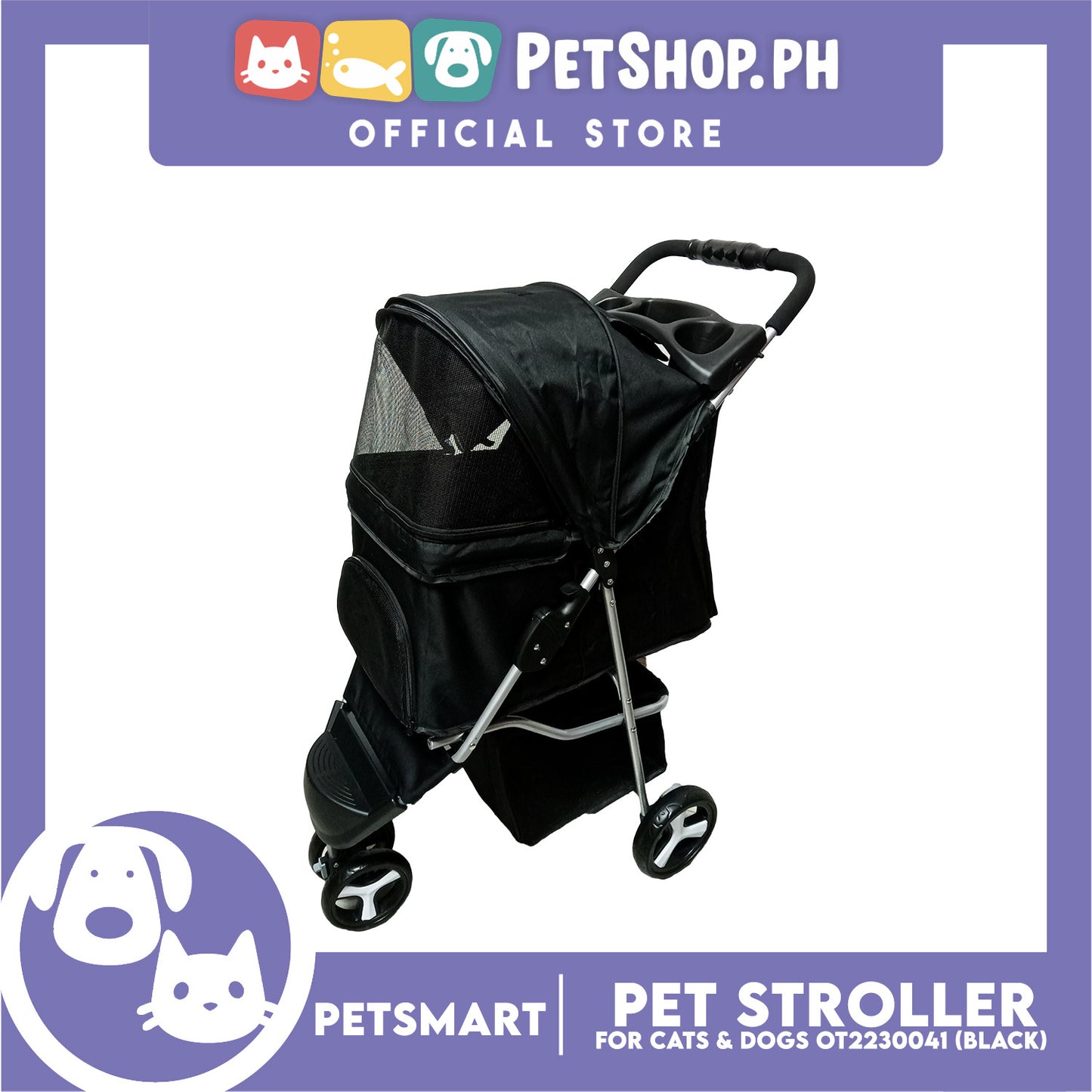 Pet Stroller 3 Wheels for Cats and Dogs, Black Color (OT2230041) 36cm x 73cm x 105cm