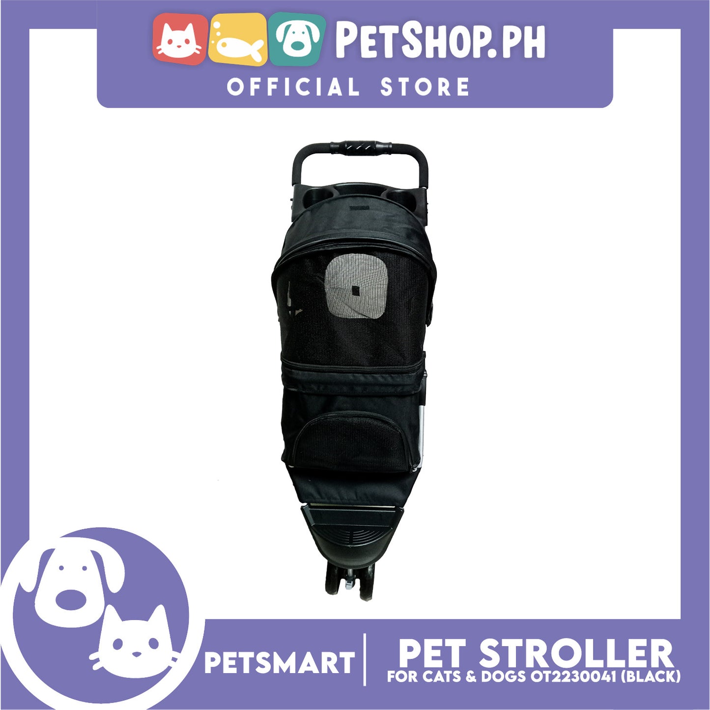 Pet Stroller 3 Wheels for Cats and Dogs, Black Color (OT2230041) 36cm x 73cm x 105cm