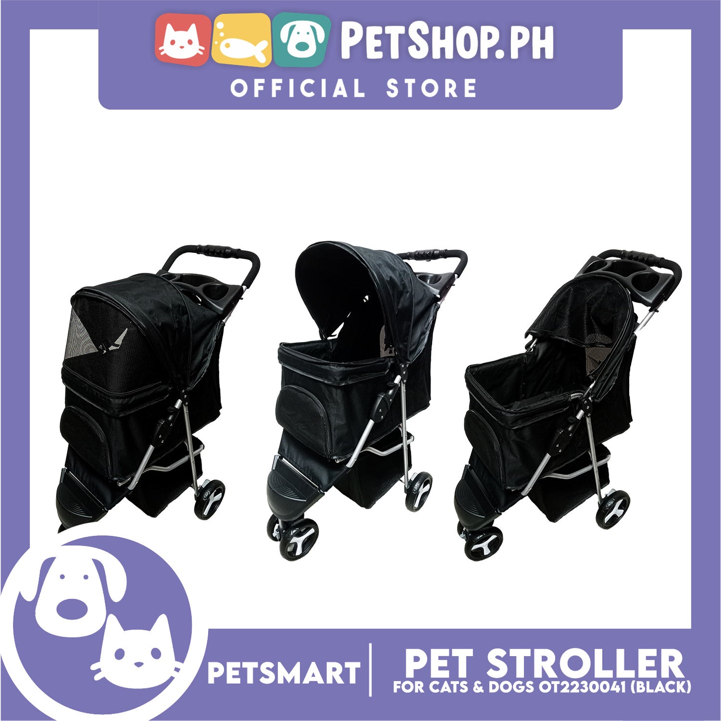 Pet Stroller 3 Wheels for Cats and Dogs, Black Color (OT2230041) 36cm x 73cm x 105cm