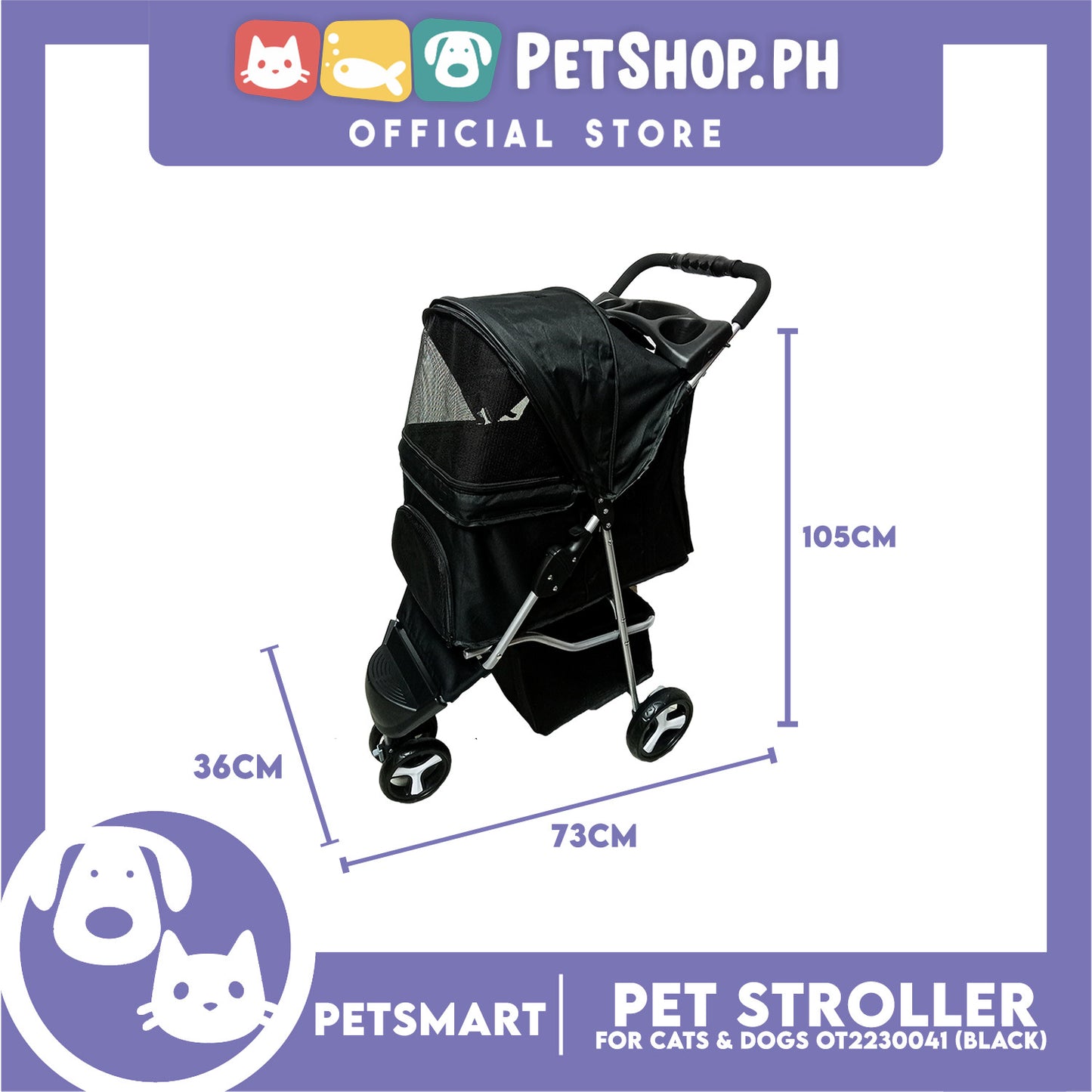 Pet Stroller 3 Wheels for Cats and Dogs, Black Color (OT2230041) 36cm x 73cm x 105cm