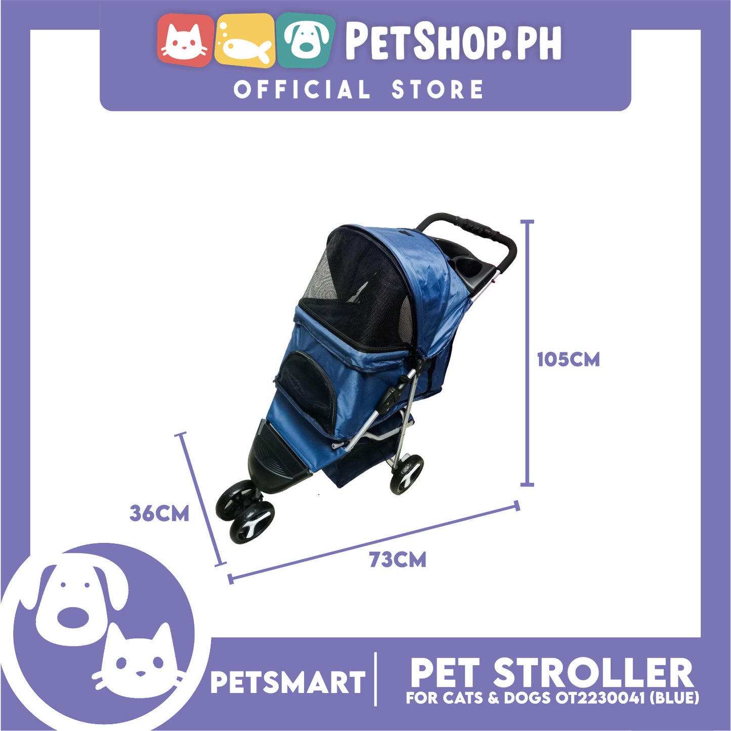 Pet Stroller 3 Wheels for Cats and Dogs, Blue Color (OT2230041) 36cm x 73cm x 105cm