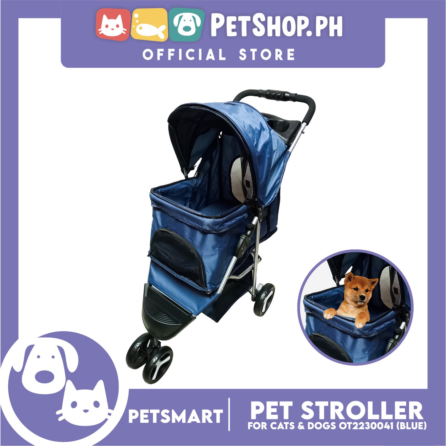 Pet Stroller 3 Wheels for Cats and Dogs, Blue Color (OT2230041) 36cm x 73cm x 105cm